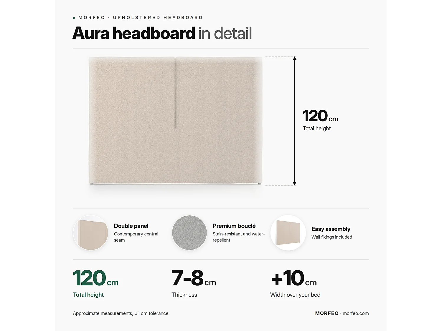 Tête de lit Aura beige – design moderne et minimaliste, protection anti-taches – lit 160 cm – 170x125 cm
