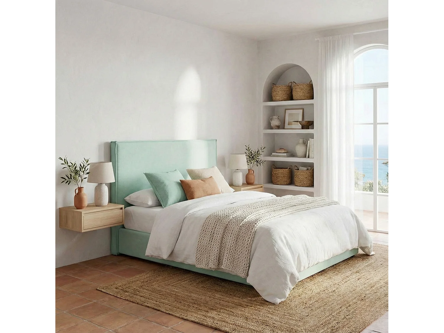 Cabecero Mox de madera tapizado Aguamarina Tela Antimanchas . Para cama de 105 cm - 115x125 cm