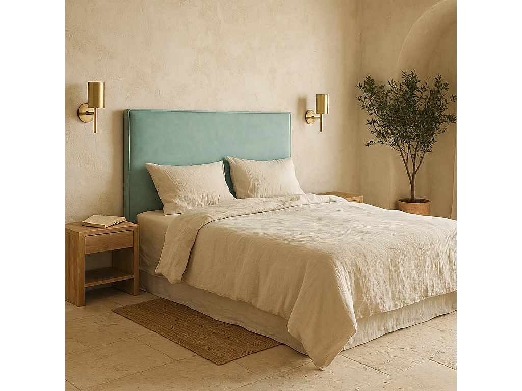 Cabecero Mox de madera tapizado Aguamarina Tela Antimanchas . Para cama de 140 cm - 150x125 cm