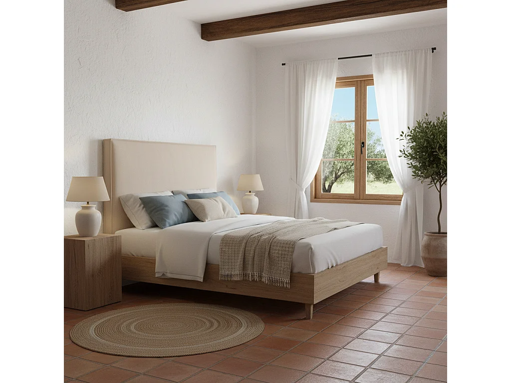 Houten gestoffeerd hoofdbord Mox Beige vlekbestendige stof. Voor bed van 200 cm - 210x125 cm