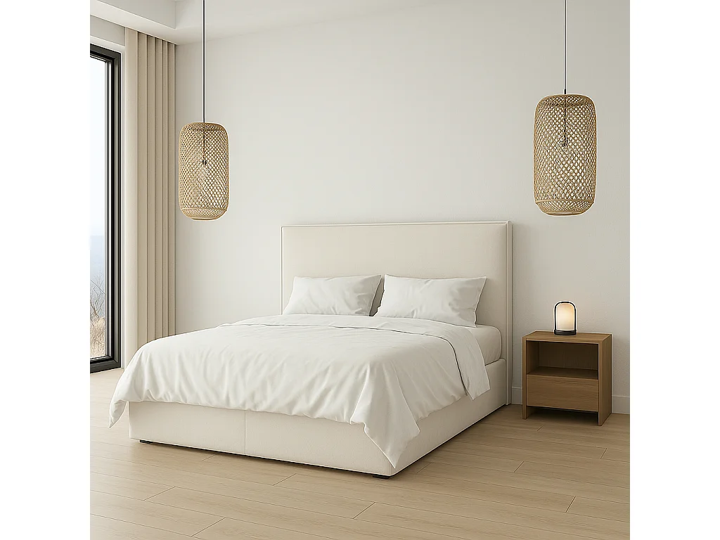 Tête de lit Mox en bois tapissée tissu anti-taches Blanc. Pour lit de 140 cm - 150x125 cm