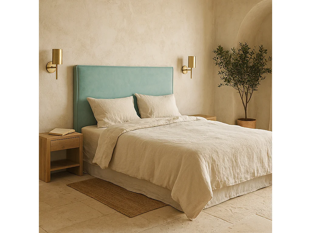 Cabecero Mox de madera tapizado Aguamarina Tela Antimanchas . Para cama de 135 cm - 145x125 cm