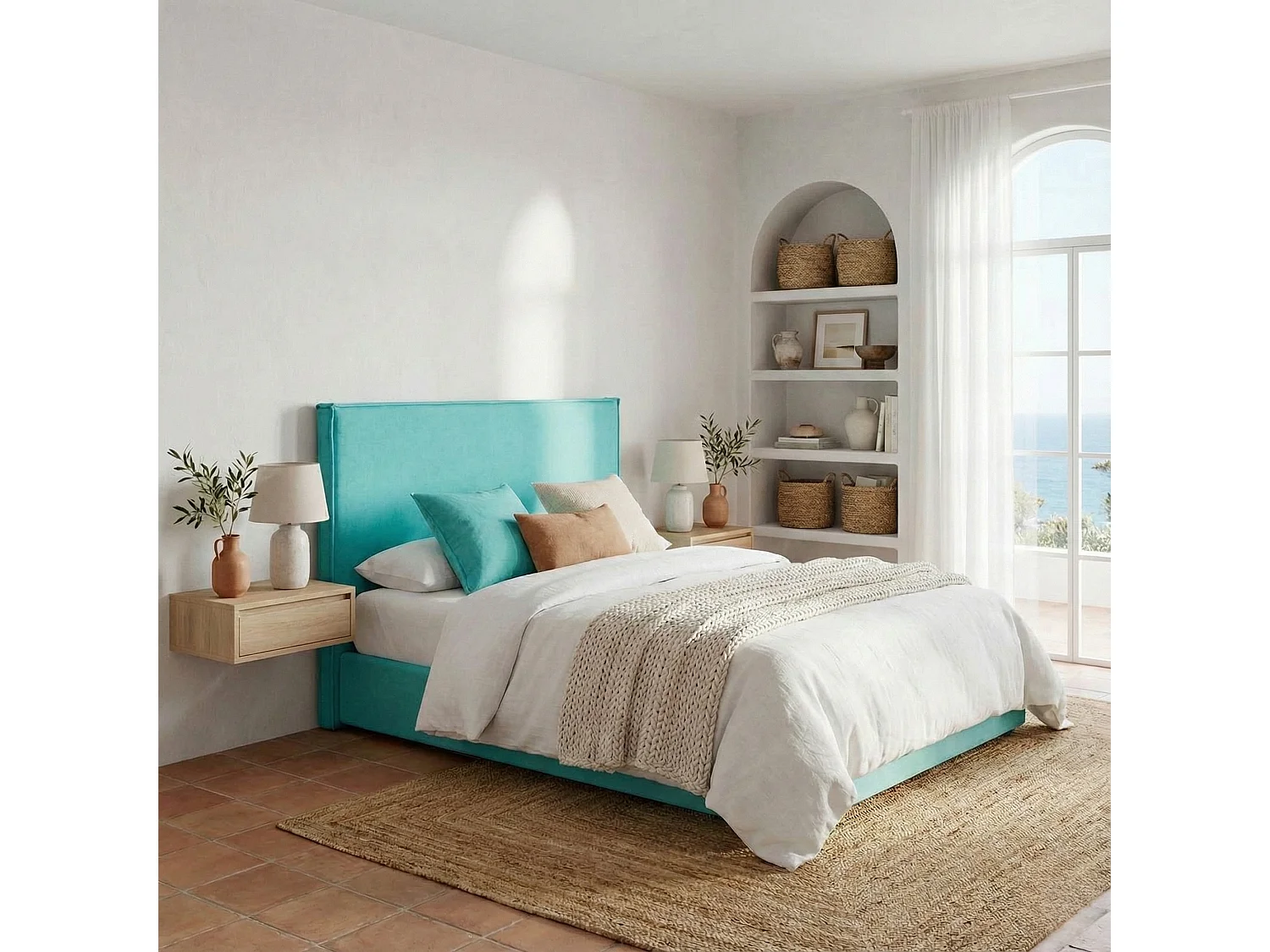Tête de lit Mox en bois tapissée tissu anti-taches Turquoise. Pour lit de 180 cm - 190x125 cm