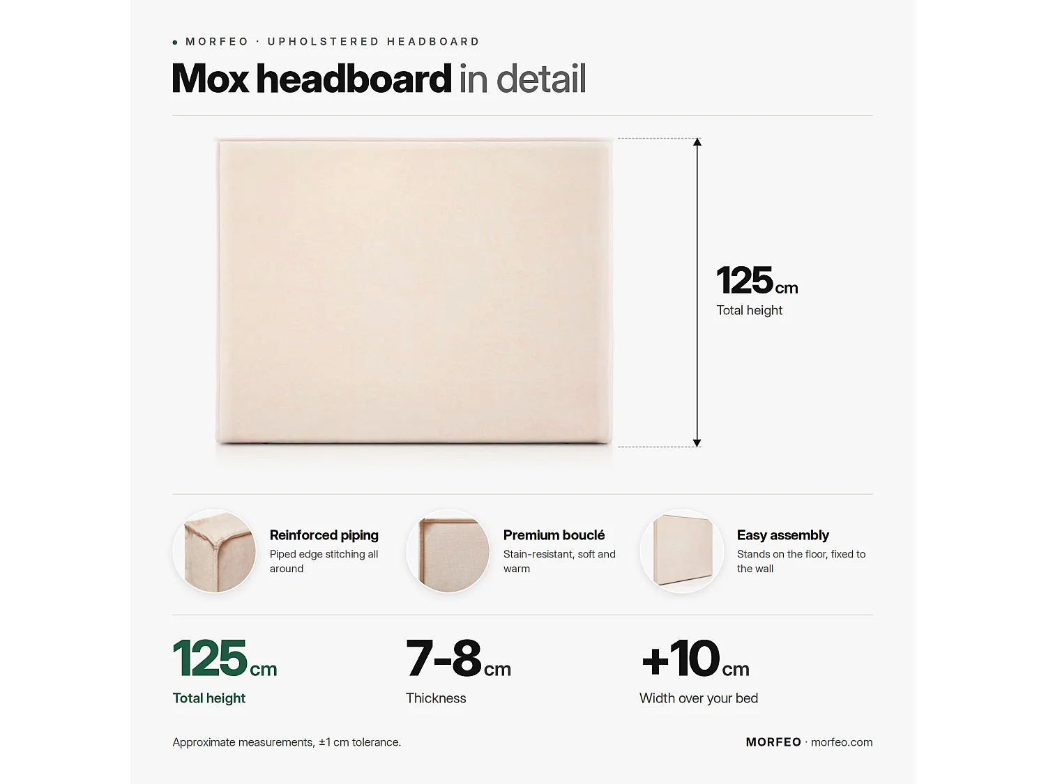 Houten gestoffeerd hoofdbord Mox Grijs vlekbestendige stof. Voor bed van 150 cm - 160x125 cm
