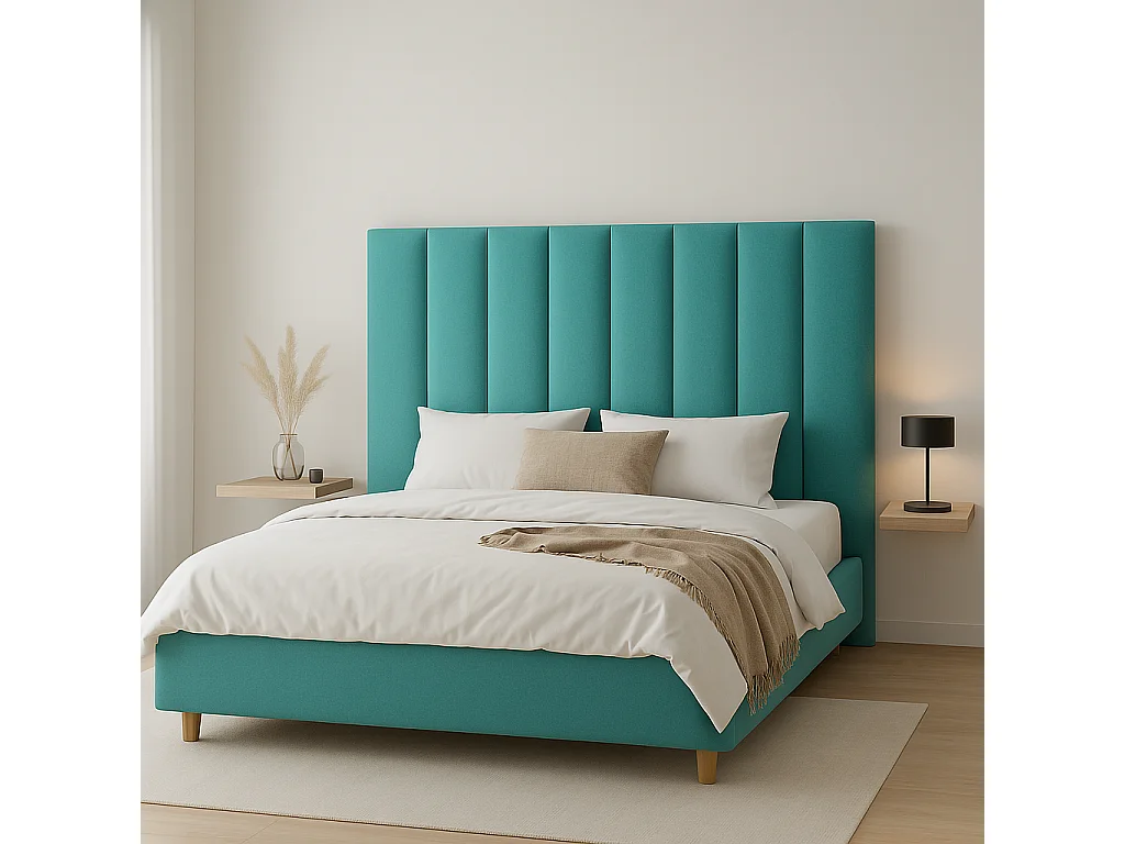 Tête de lit nordique tapissée lignes verticales tissu anti-taches Turquoise pour lit de 160 cm - 170x125 cm