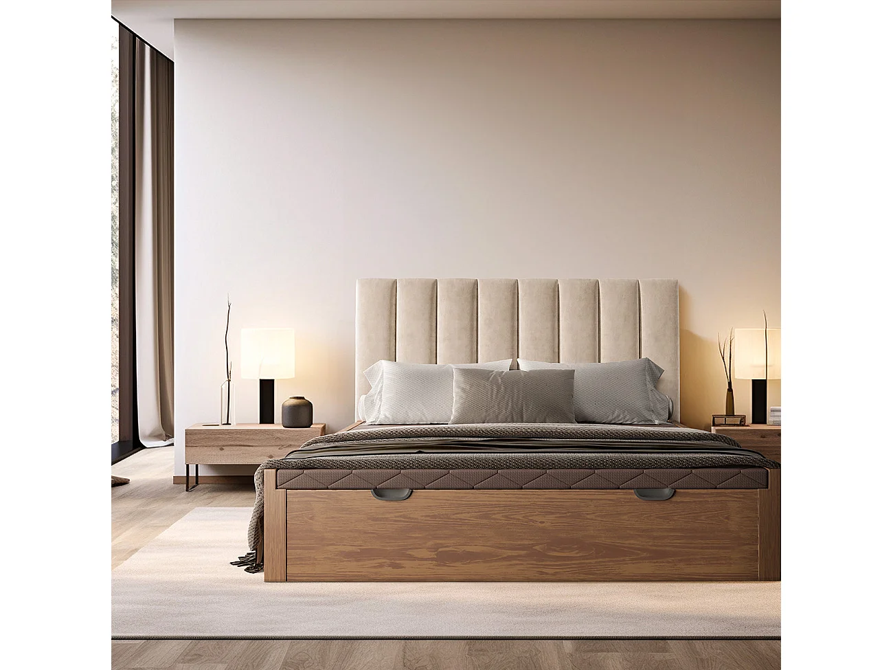 Tête de lit nordique tapissée lignes verticales tissu anti-taches Beige pour lit de 150 cm - 160x125 cm