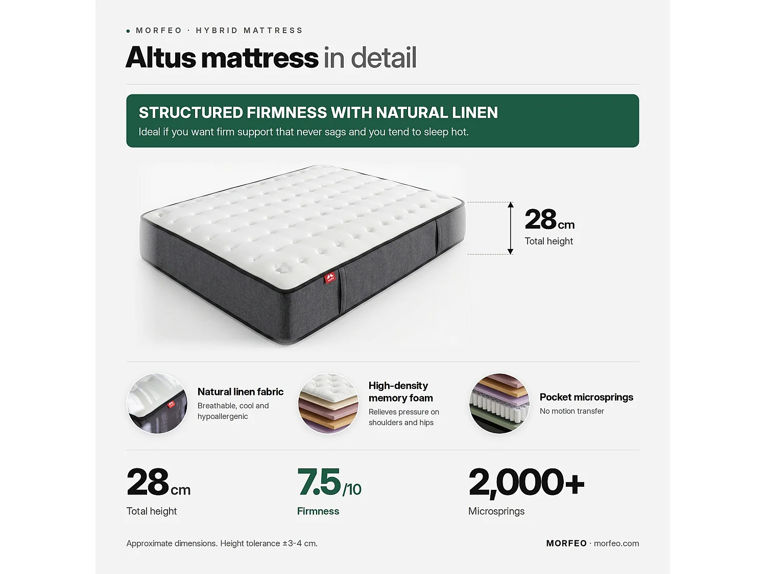 Matelas Morfeo Altus | Hybride 30 cm | Fermeté élevée | 2000 micro-ressorts | 140x190