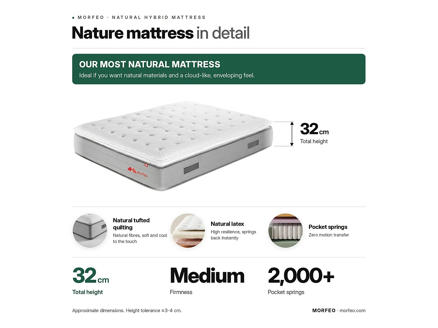 Matelas Morfeo Nature|Latex naturel et biologique|150x200|Hauteur 32 cm