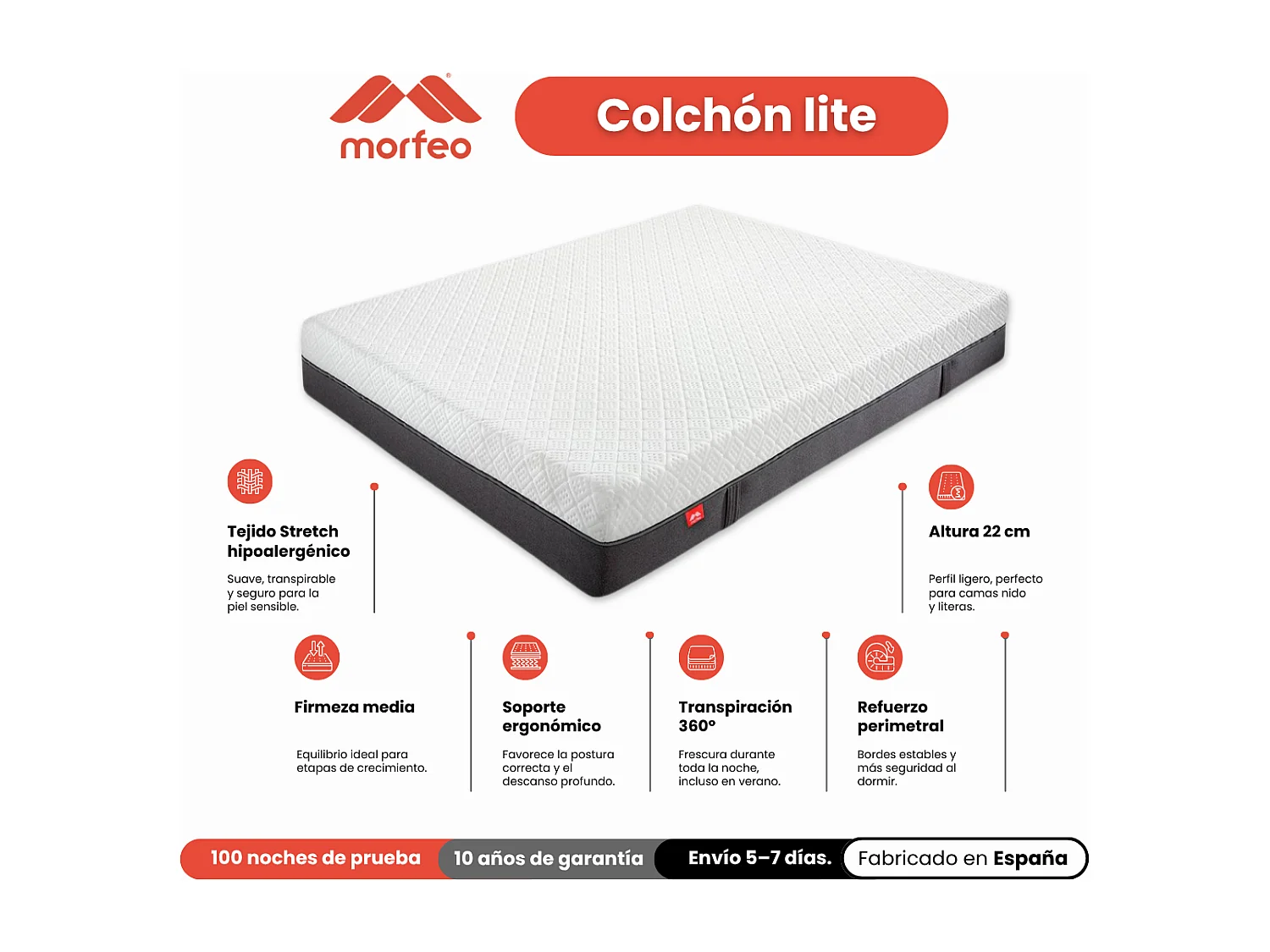 Matelas Jeune Lite| Noyau Mousse HR + Visco|105x190 cm|20 cm de Hauteur
