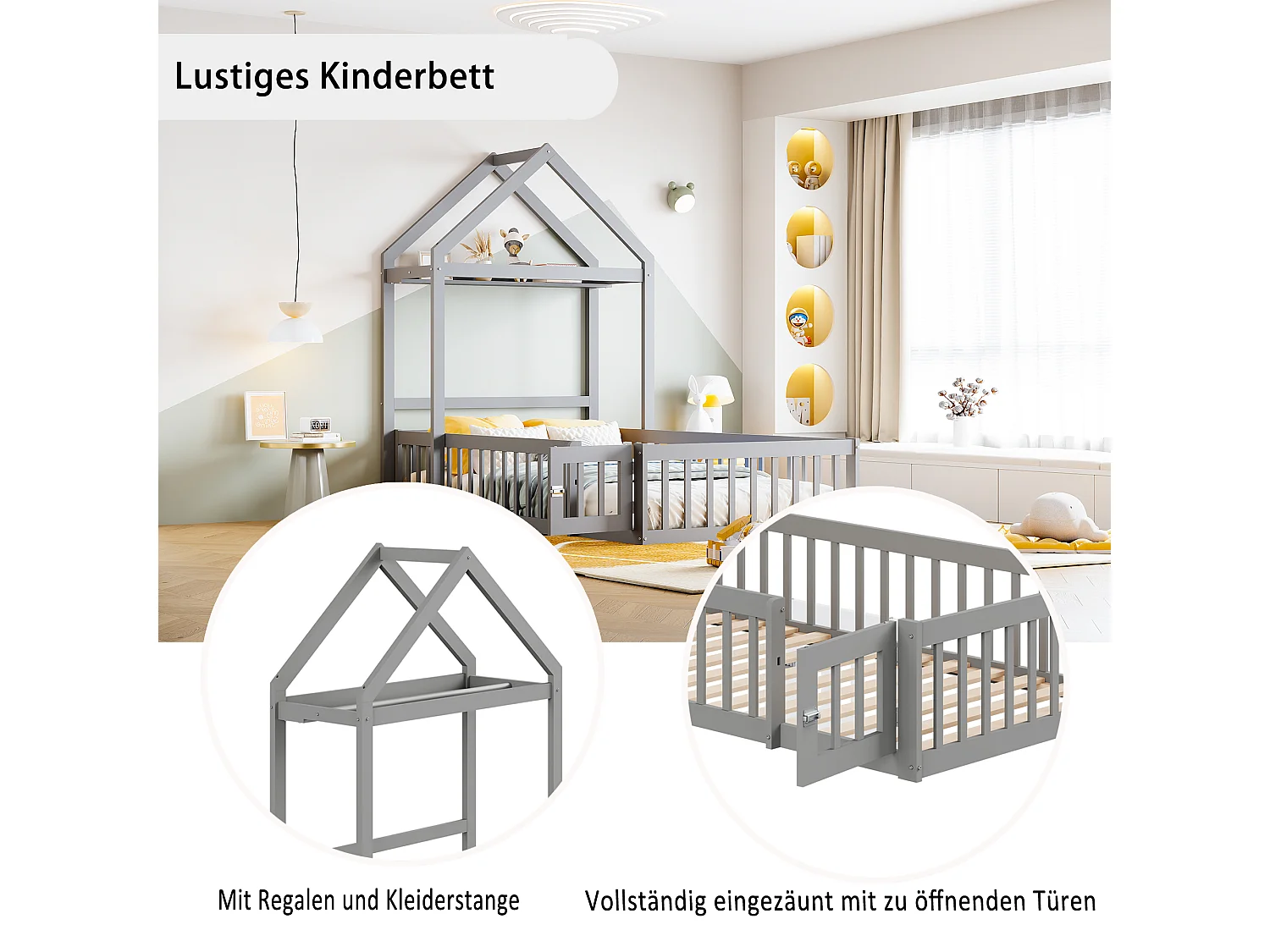 Struttura letto per bambini - 90 x 200 cm - con contenitore + sponda di sicurezza + ante - legno - grigio