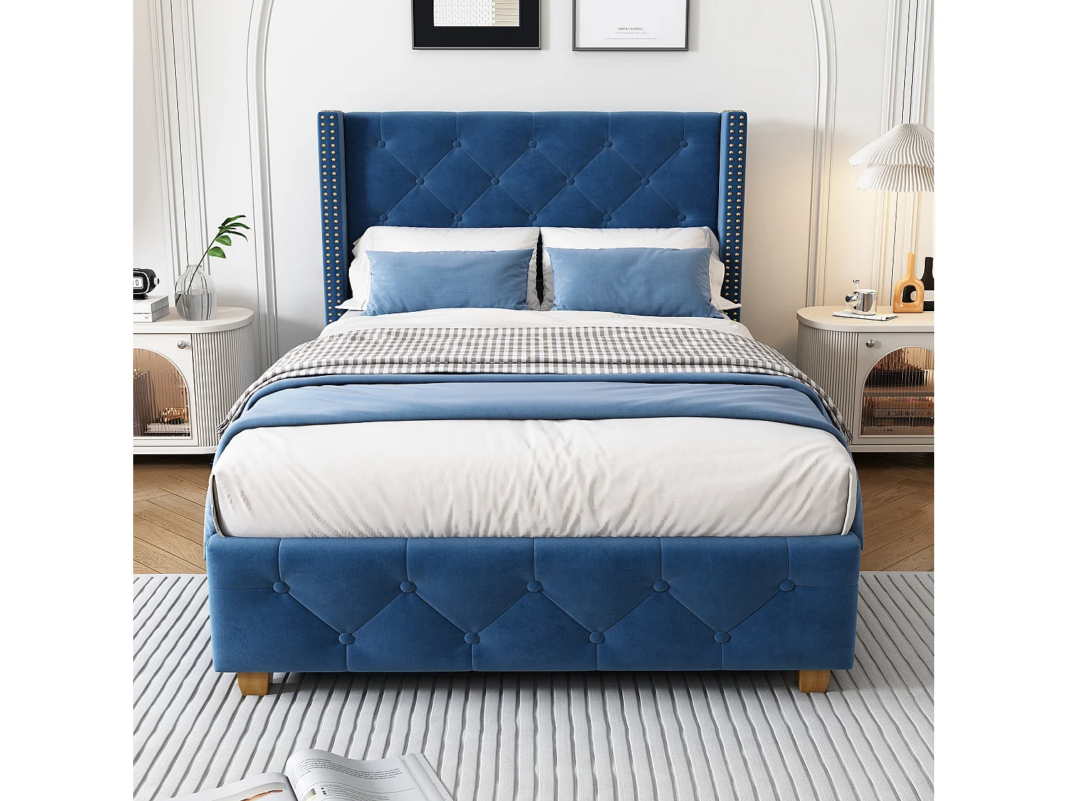 Bett mit gepolstertem Kopfteil – 90 x 200 cm – Leinenstoff – Lattenrost – blau