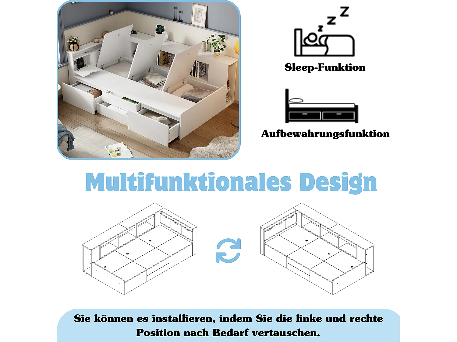 Lit enfant 90 x 200 cm avec 4 tiroirs + bibliothèque et meuble de rangement - MDF - blanc