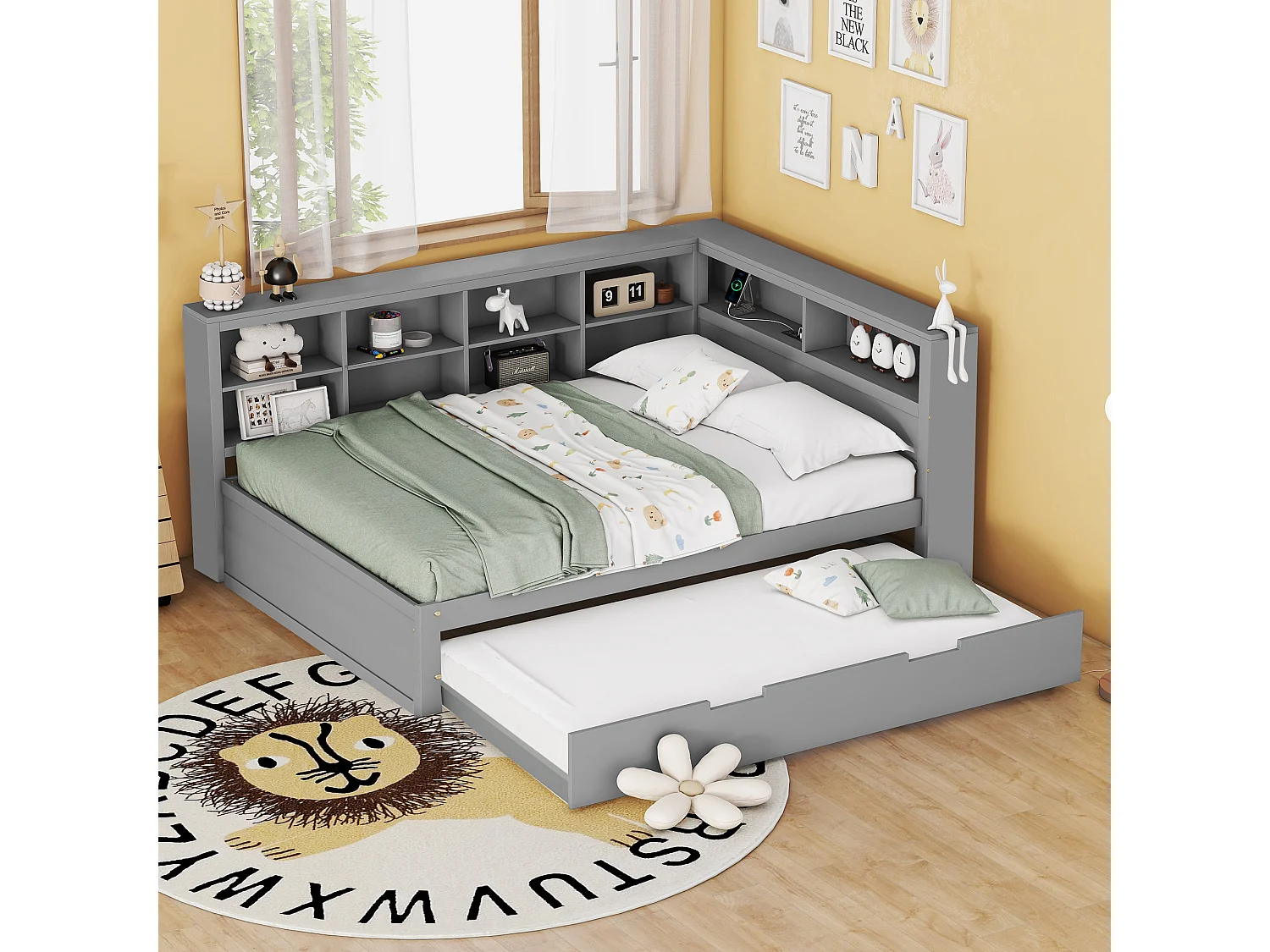 Canapé-lit enfant 140 x 200 cm avec lit gigogne 90 x 190 cm - avec USB et nombreux rangements - bois - gris