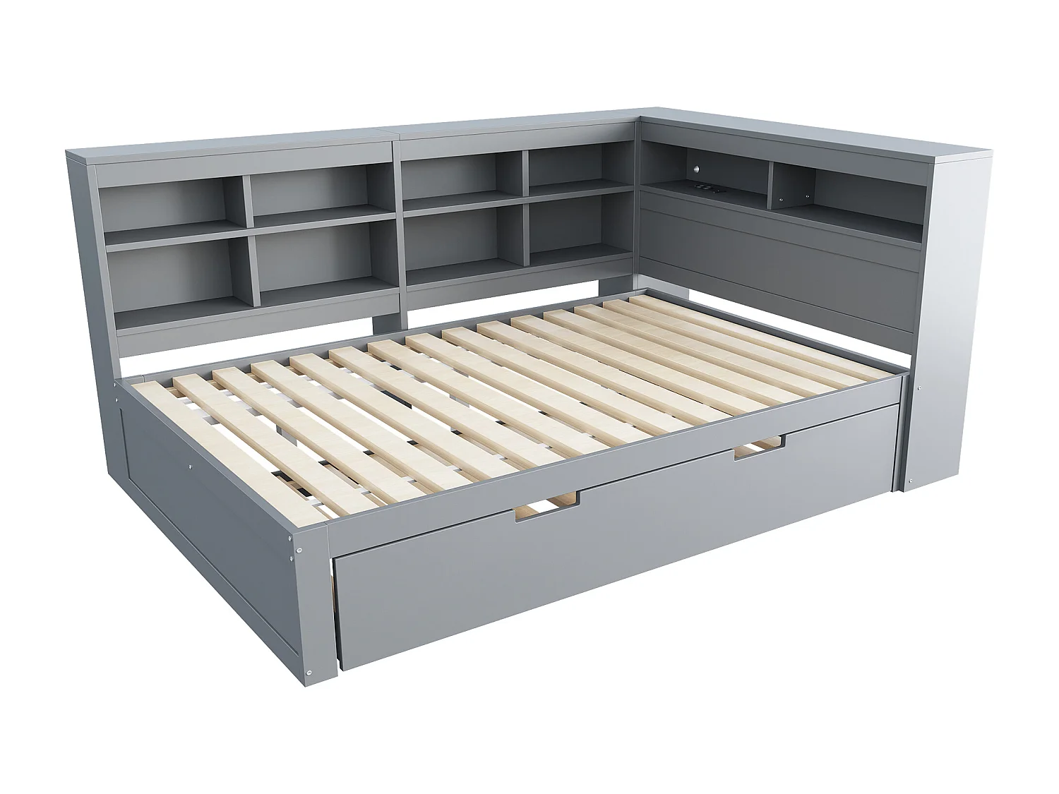 Canapé-lit enfant 140 x 200 cm avec lit gigogne 90 x 190 cm - avec USB et nombreux rangements - bois - gris