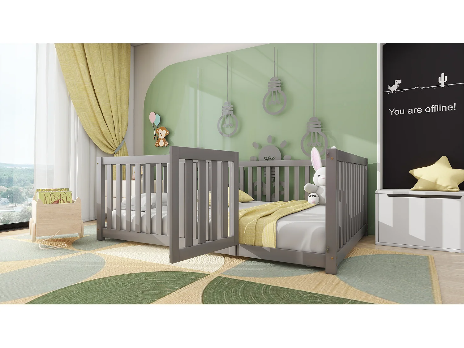 Cadre de lit pour enfant - 140 x 200 cm - avec barrière et porte - bois - gris