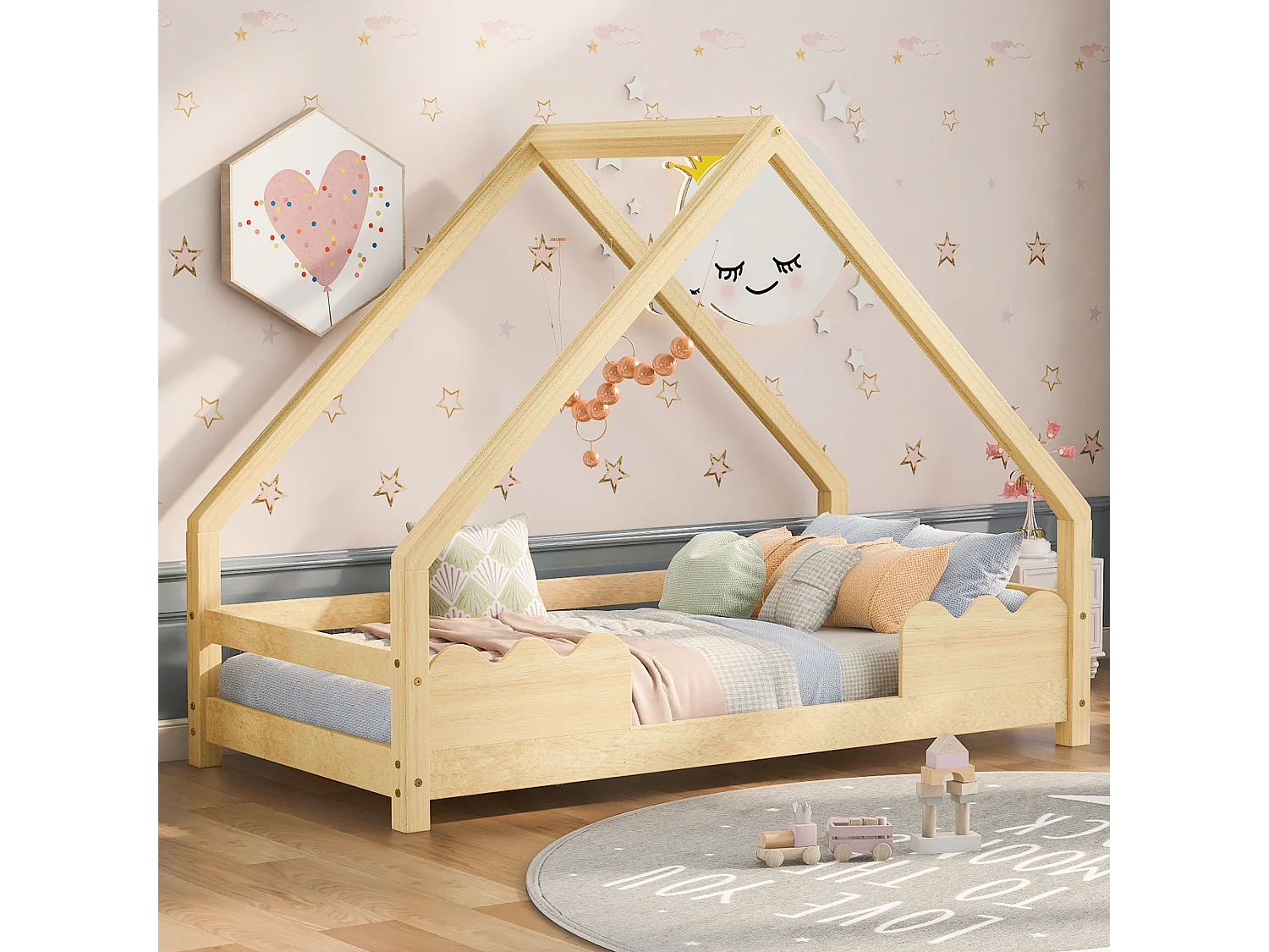 Lit cabane pour enfant - 90 x 200 cm - avec protection antichute - bois massif - naturel
