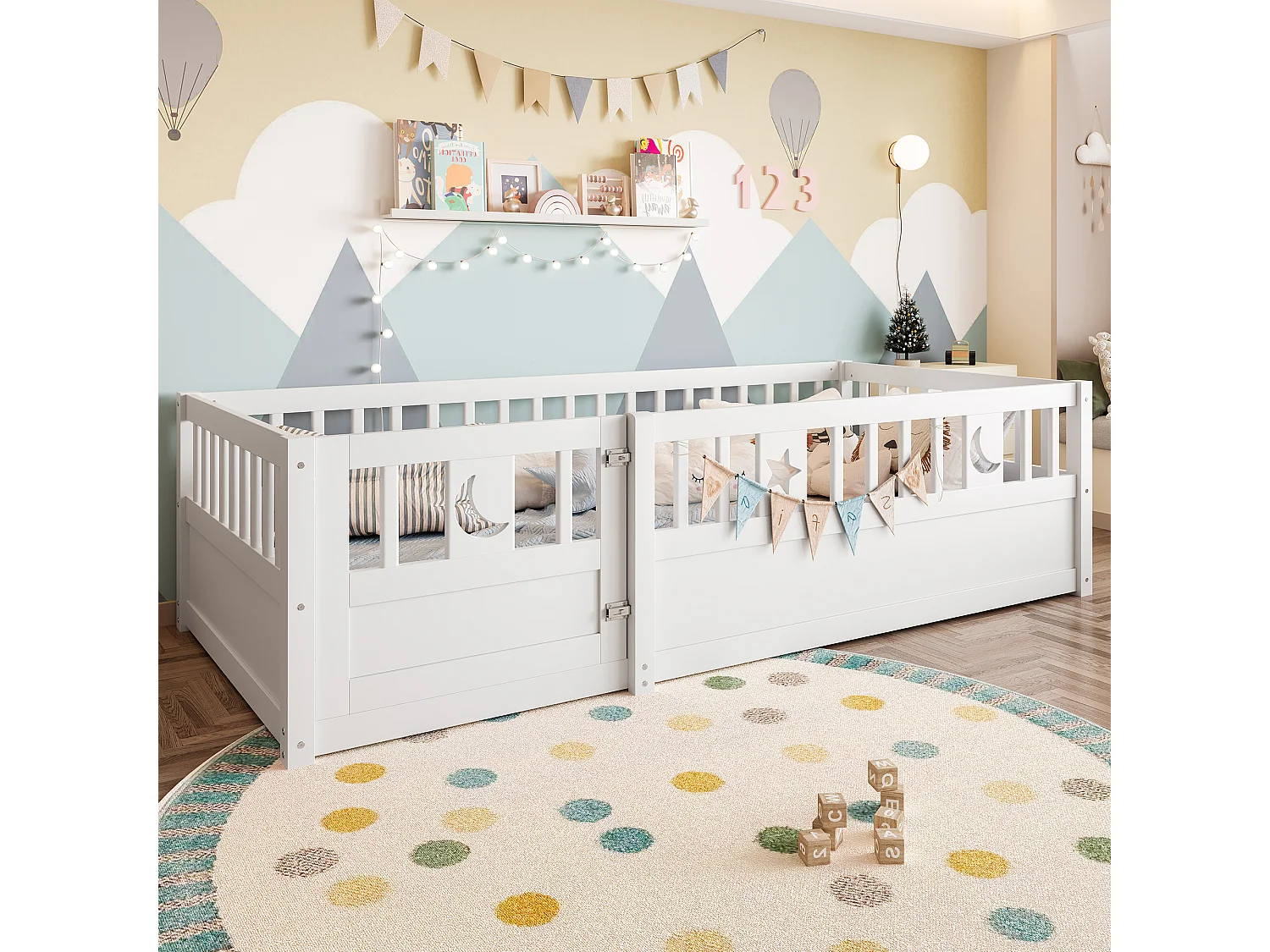 Cadre de lit pour enfant - 90 x 190 cm - avec barrières + porte - avec sommier à lattes - bois - blanc