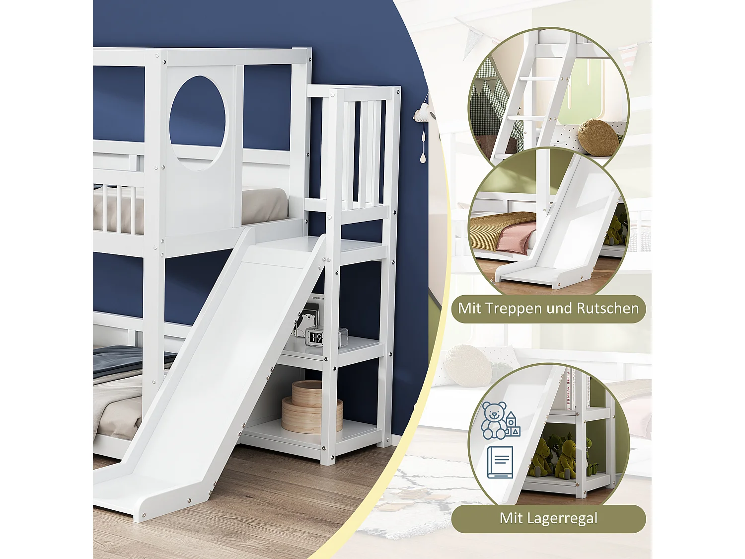 Lits superposés enfant - 2 x 90 x 200 cm - avec étagères de rangement + toboggan + échelle - bois + MDF - blanc