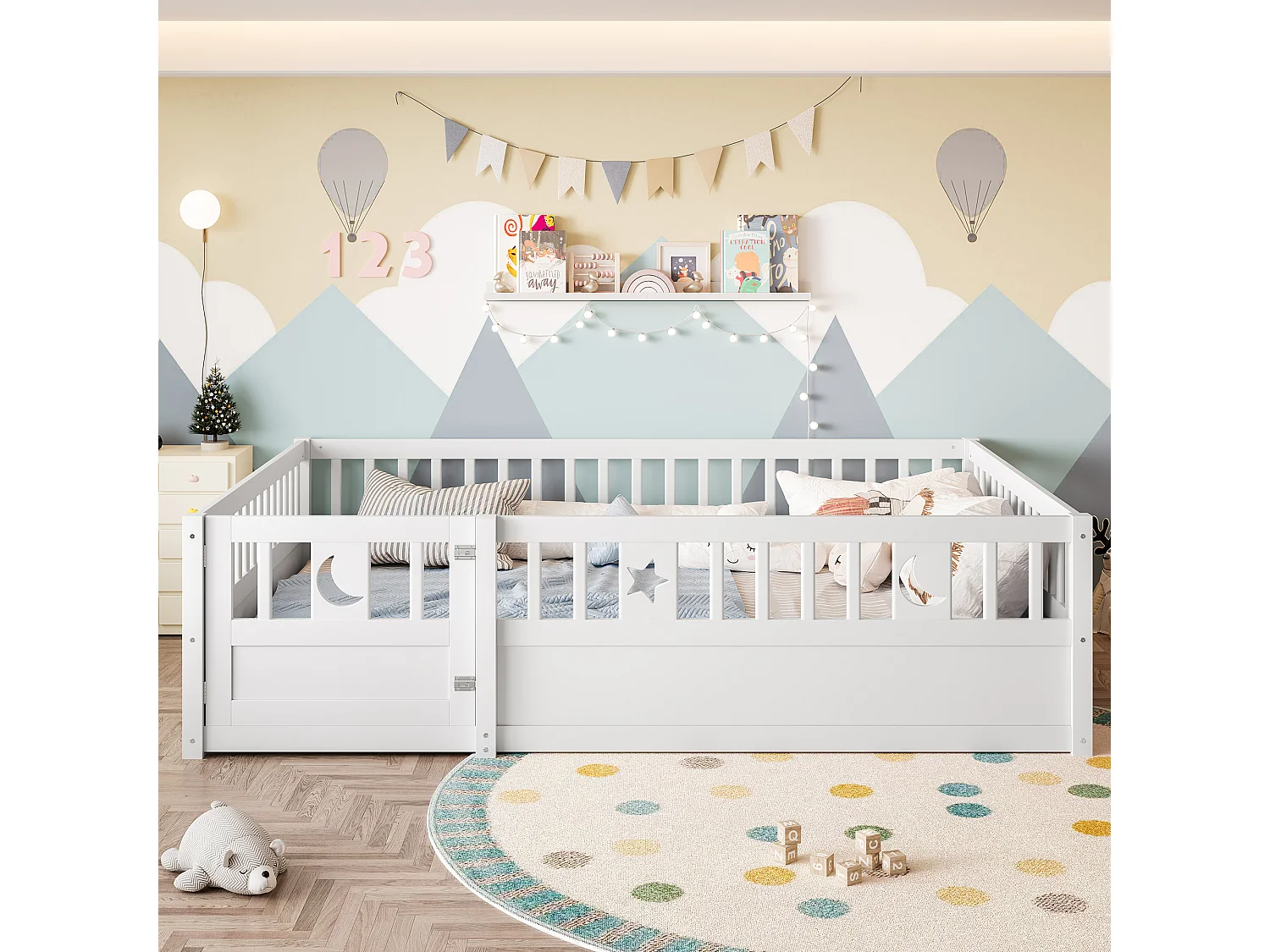 Cadre de lit pour enfant - 140 x 190 cm - avec barrières + porte - avec sommier à lattes - bois - blanc