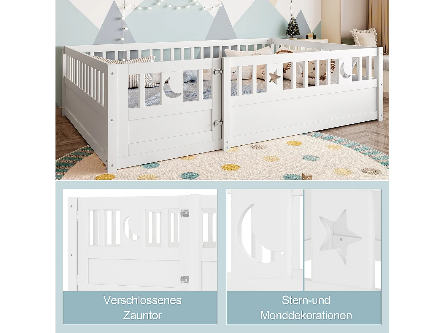 Cadre de lit pour enfant - 140 x 190 cm - avec barrières + porte - avec sommier à lattes - bois - blanc