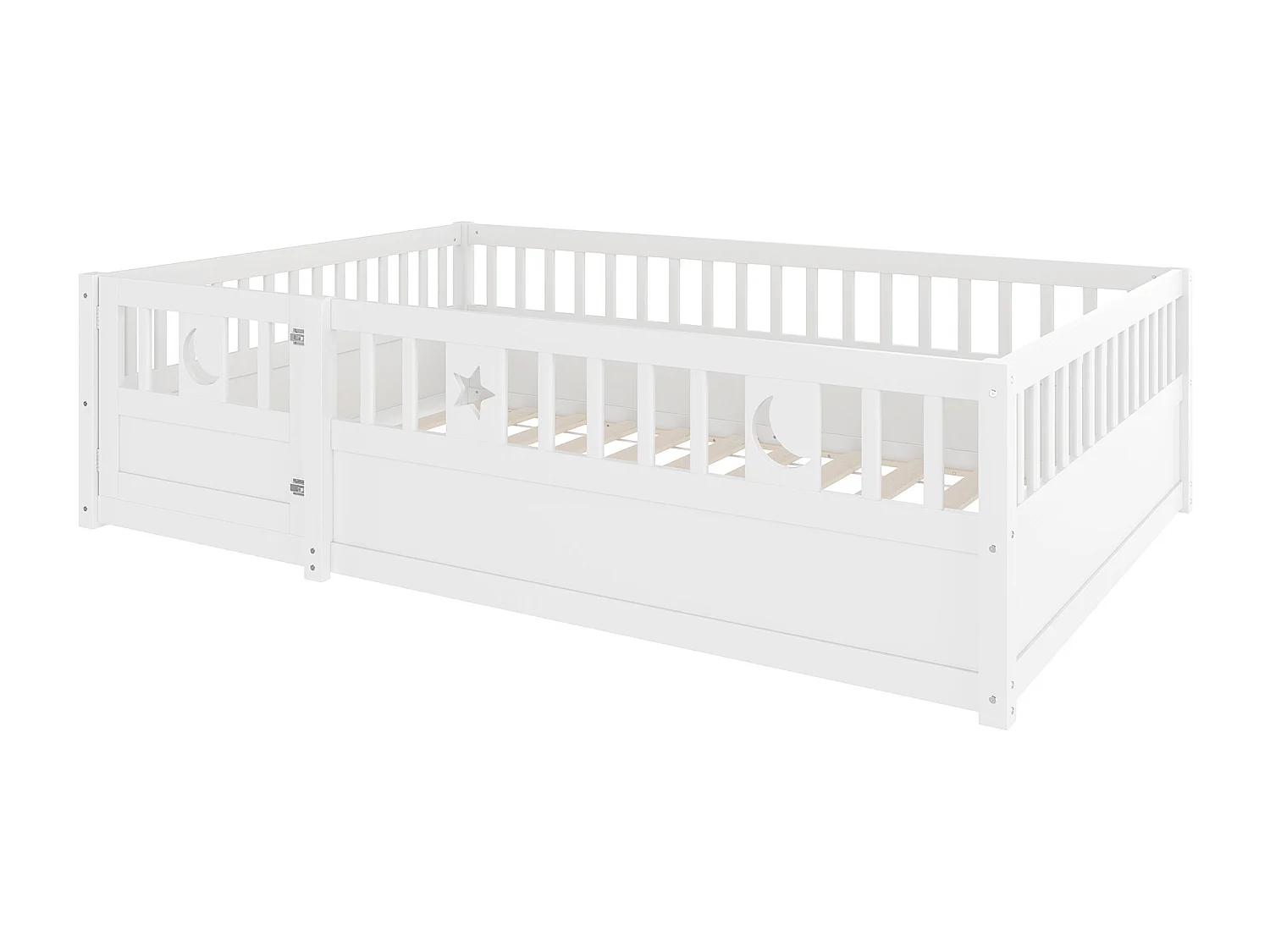 Cadre de lit pour enfant - 140 x 190 cm - avec barrières + porte - avec sommier à lattes - bois - blanc