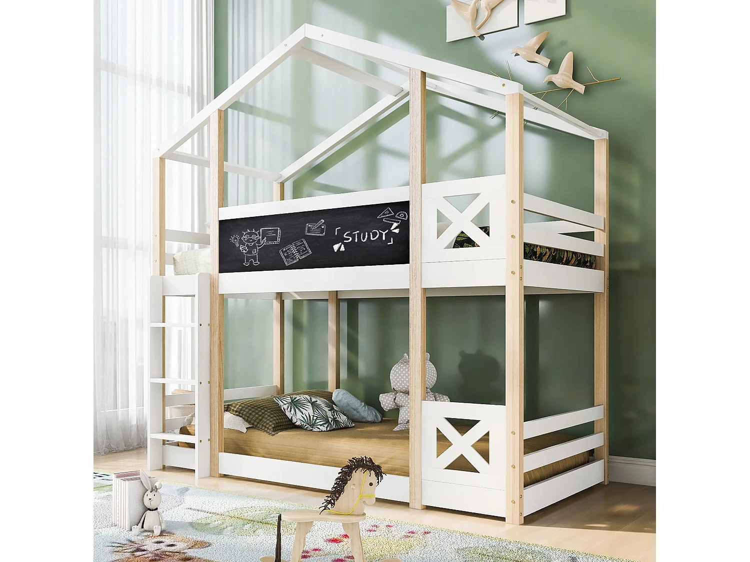 Lit superposé pour enfant - 2 x 90 x 200 cm - avec échelle + barrières + sommier à lattes - bois - blanc