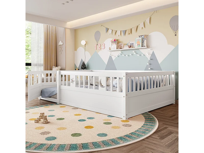Cadre de lit pour enfant - 140 x 190 cm - avec barrières + porte - sans sommier à lattes - bois - blanc