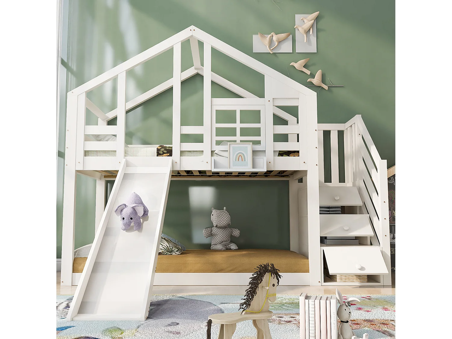 Lits superposés cabane enfant - 2 x 90 x 200 cm - avec l'escalier de rangement + toboggan + toit - Bois + MDF - Blanc