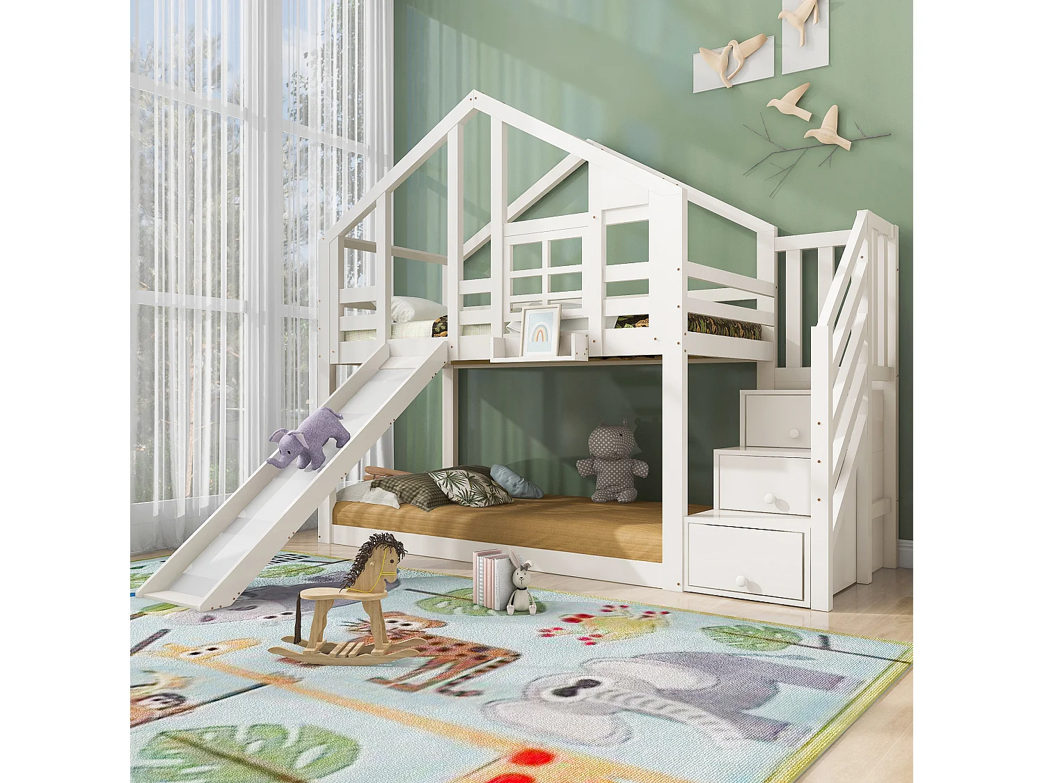 Etagenbett für Kinder mit Spielhaus – 2 x 90 x 200 cm – mit Treppe, Stauraum, Rutsche und Dach – Holz + MDF – Weiß