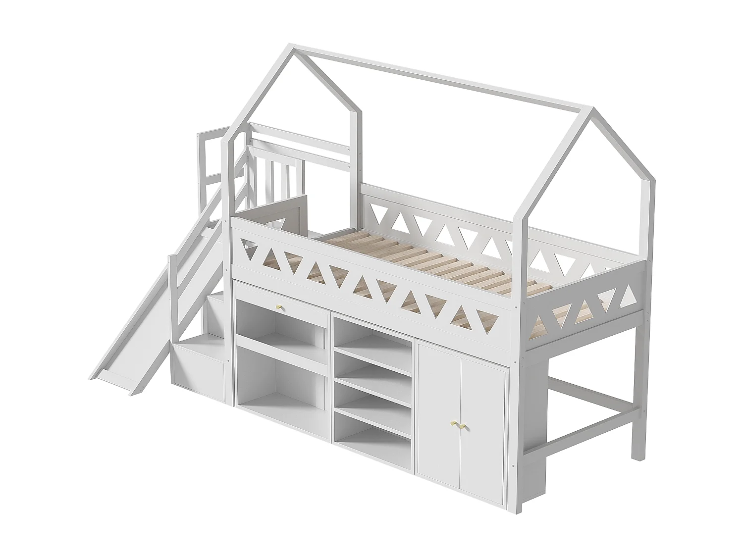 Hochbett für Kinder – 90 x 200 cm – mit Rutsche, Treppe, Schublade, Regal und Staufach – Holz – weiß