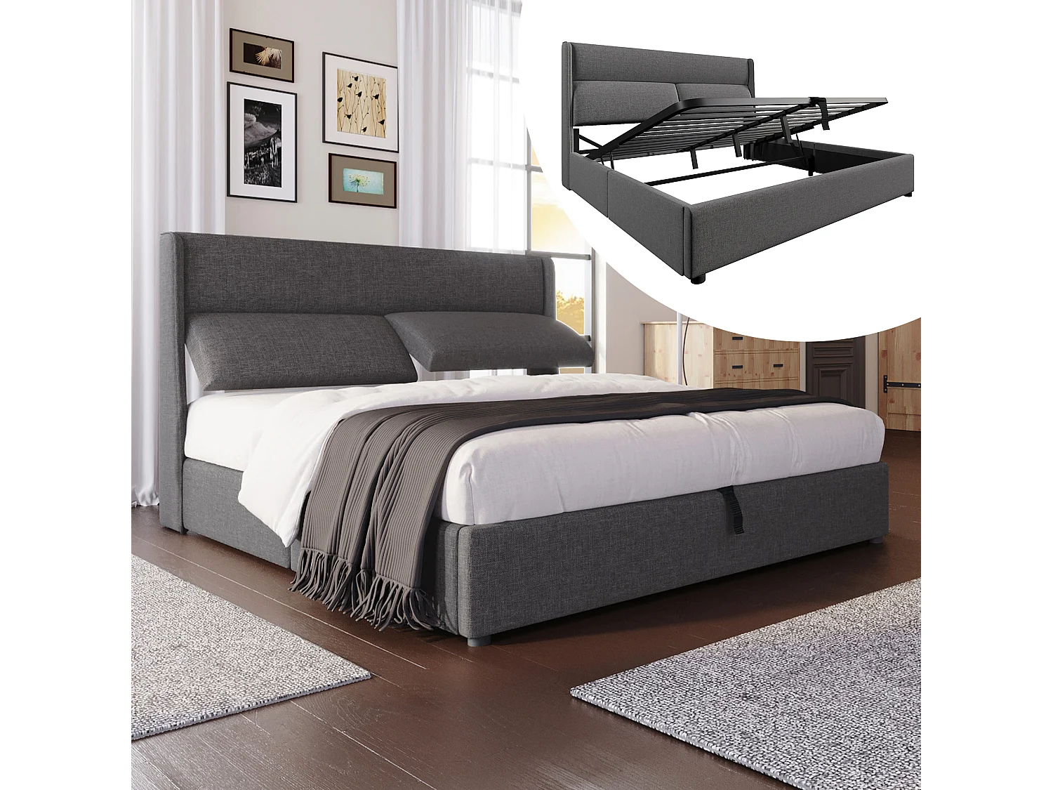 Lit coffre double capitonné - 140 x 200 cm - avec appuie-têtes réglables + rangement hydraulique - lin - gris