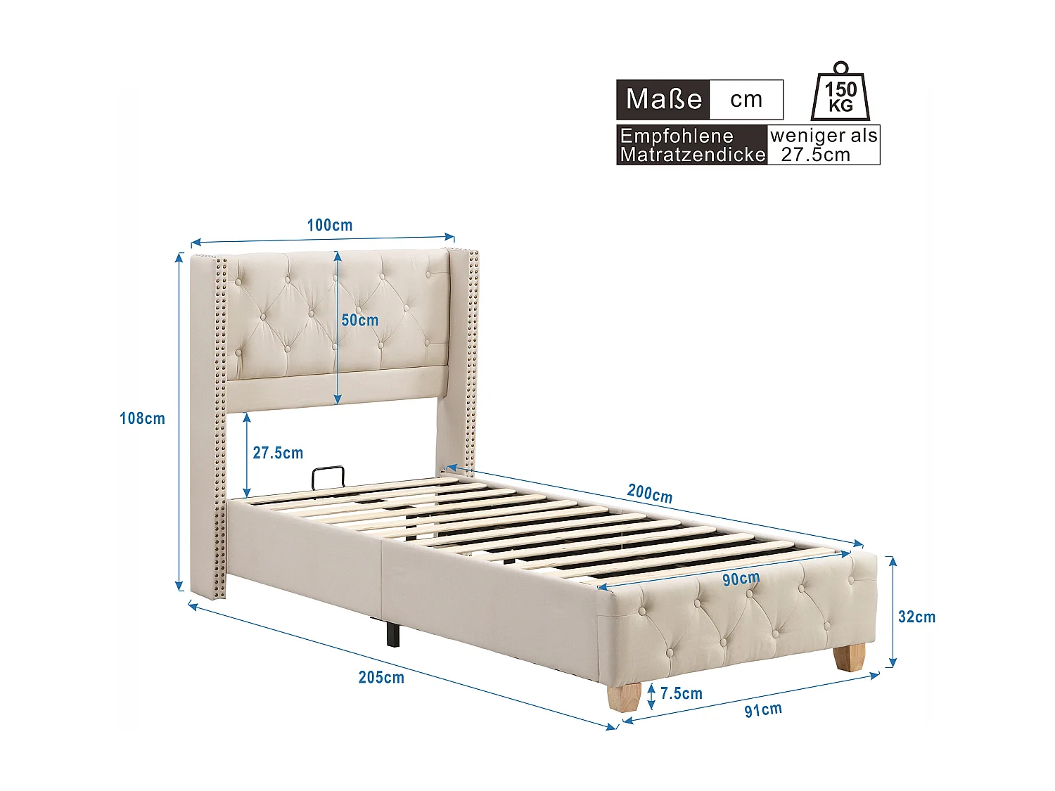 Lit avec tête de lit capitonné - 90 x 200 cm - tissu en lin - sommier à lattes - beige