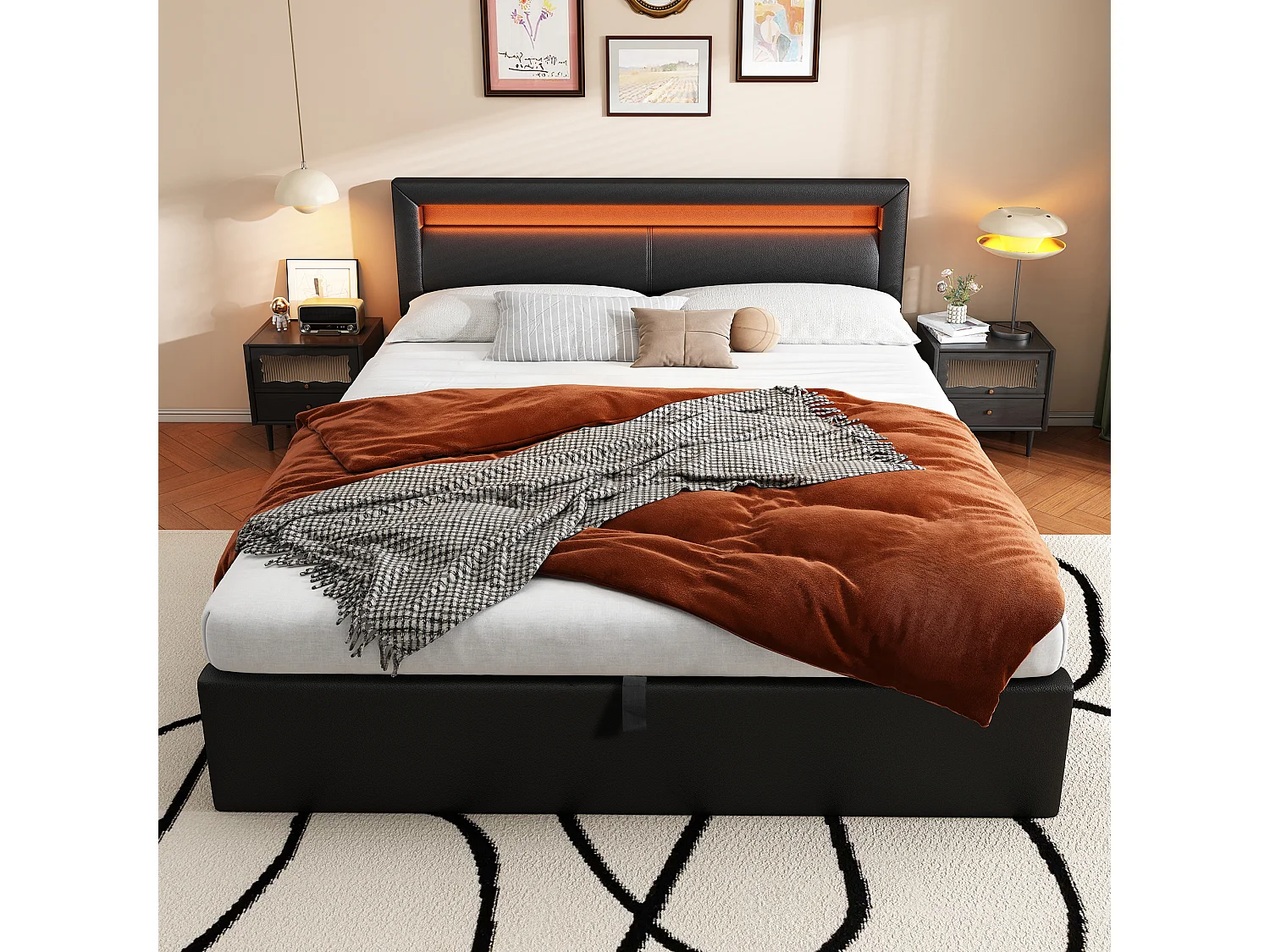 Cama de casal estofada com arrumação - 140 x 200 cm - com LEDs + estrado de ripas + arrumação hidráulica - PU - preta