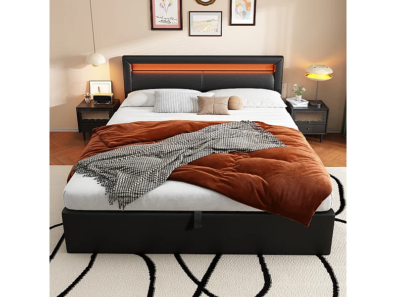 Cama de casal estofada com arrumação - 140 x 200 cm - com LEDs + estrado de ripas + arrumação hidráulica - PU - preta