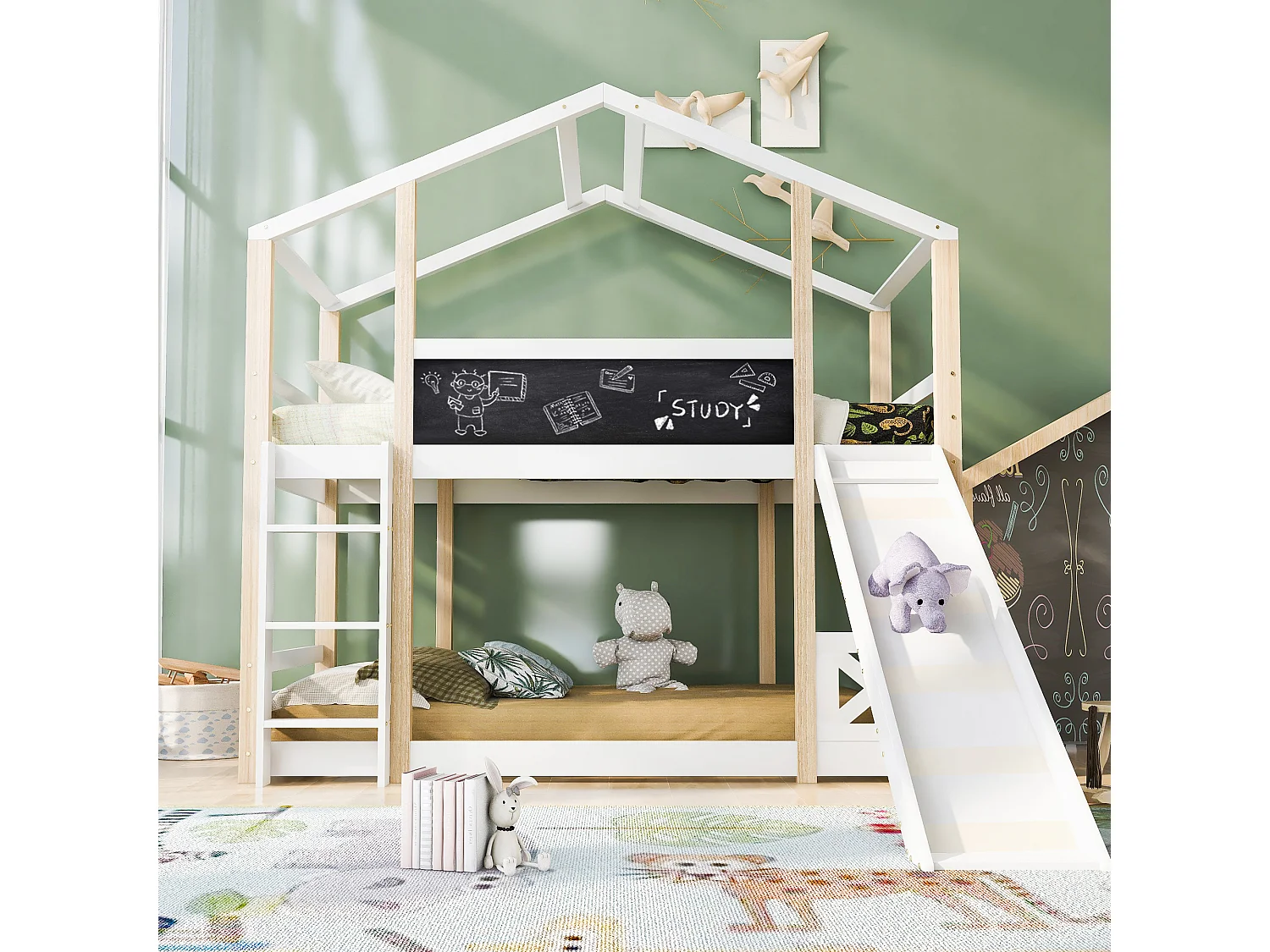 Lit superposé cabane enfant - 2 x 90 x 200 cm - avec toboggan + échelle et sommier à lattes - bois - naturel et blanc