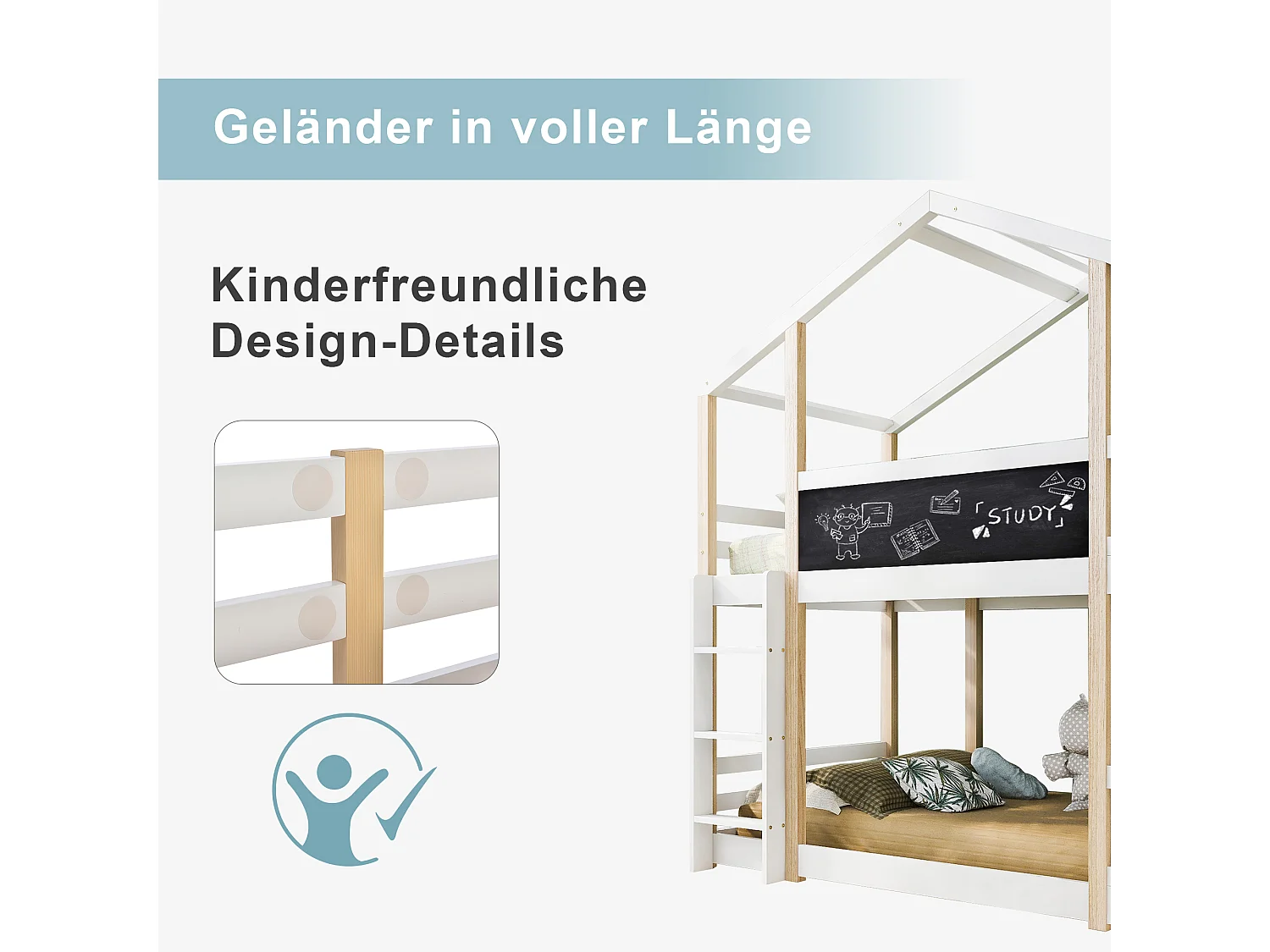 Lit superposé cabane enfant - 2 x 90 x 200 cm - avec toboggan + échelle et sommier à lattes - bois - naturel et blanc