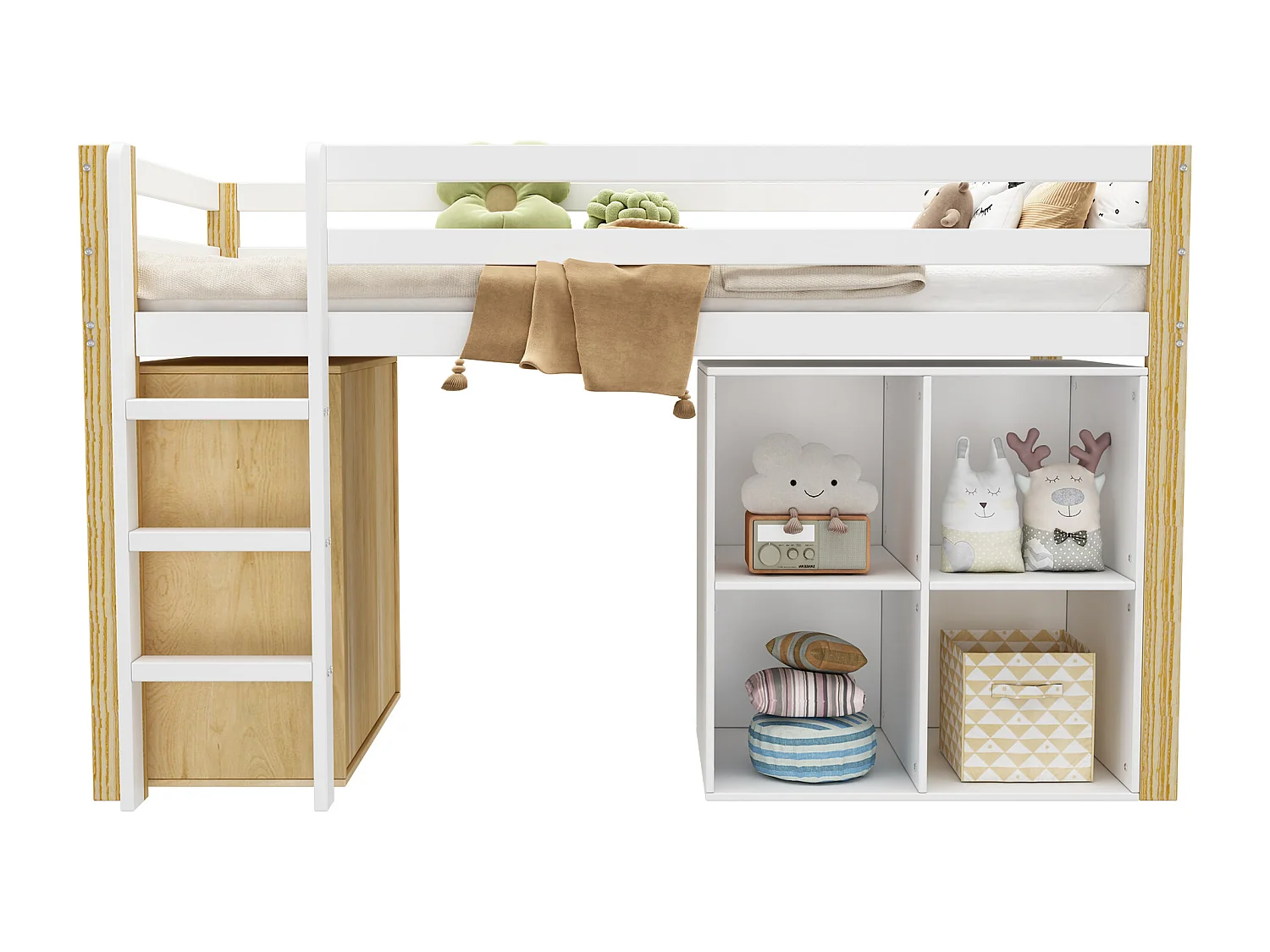 Lit mezzanine pour enfant - 90 x 200 cm - avec 2 placards de rangement et échelle - bois - naturel + blanc