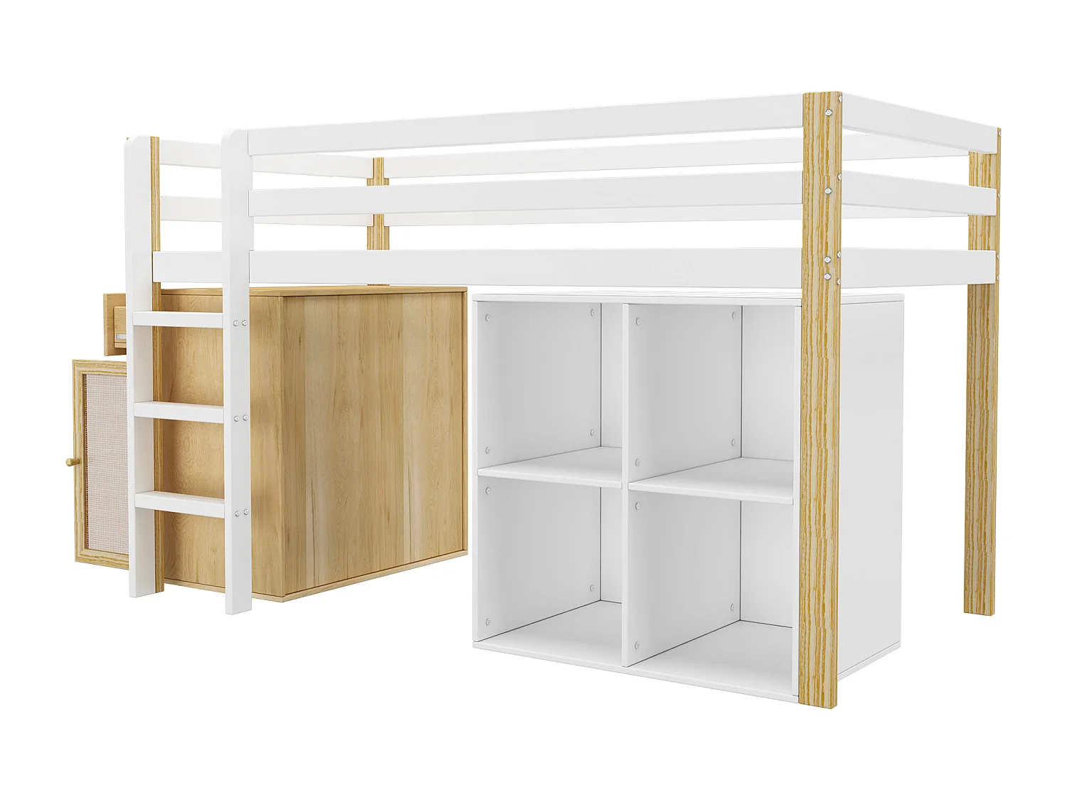 Lit mezzanine pour enfant - 90 x 200 cm - avec 2 placards de rangement et échelle - bois - naturel + blanc