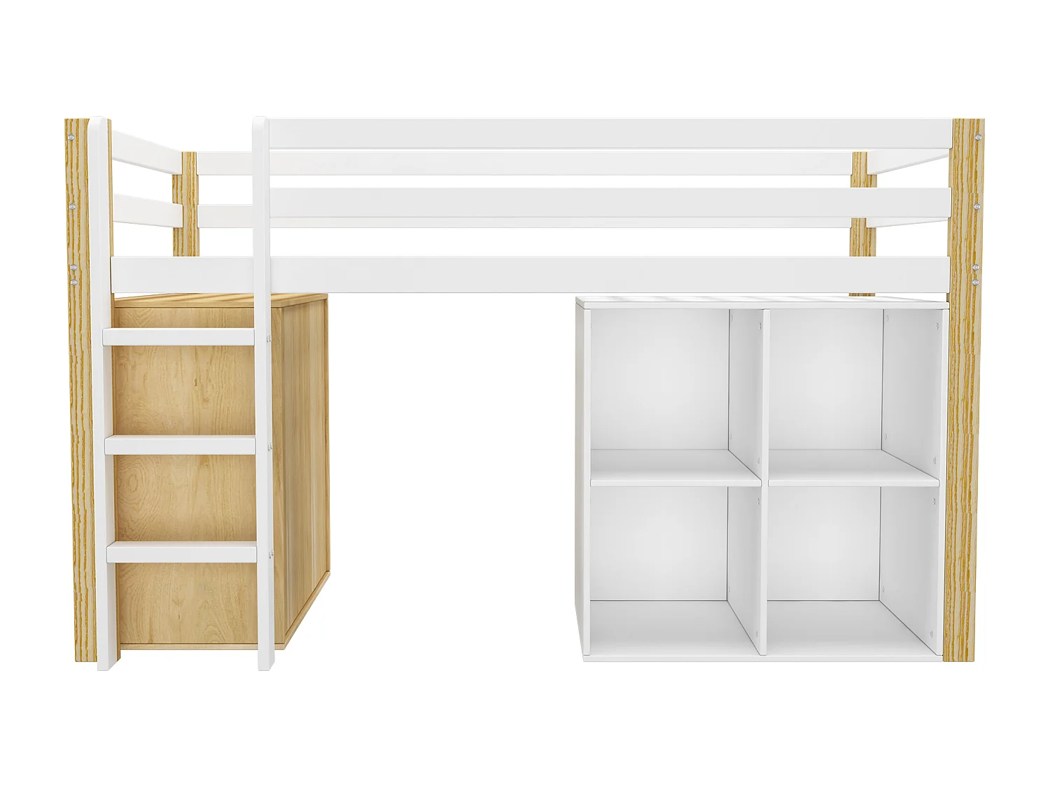 Cama alta infantil - 90 x 200 cm - com 2 armários e escada - madeira - natural + branca