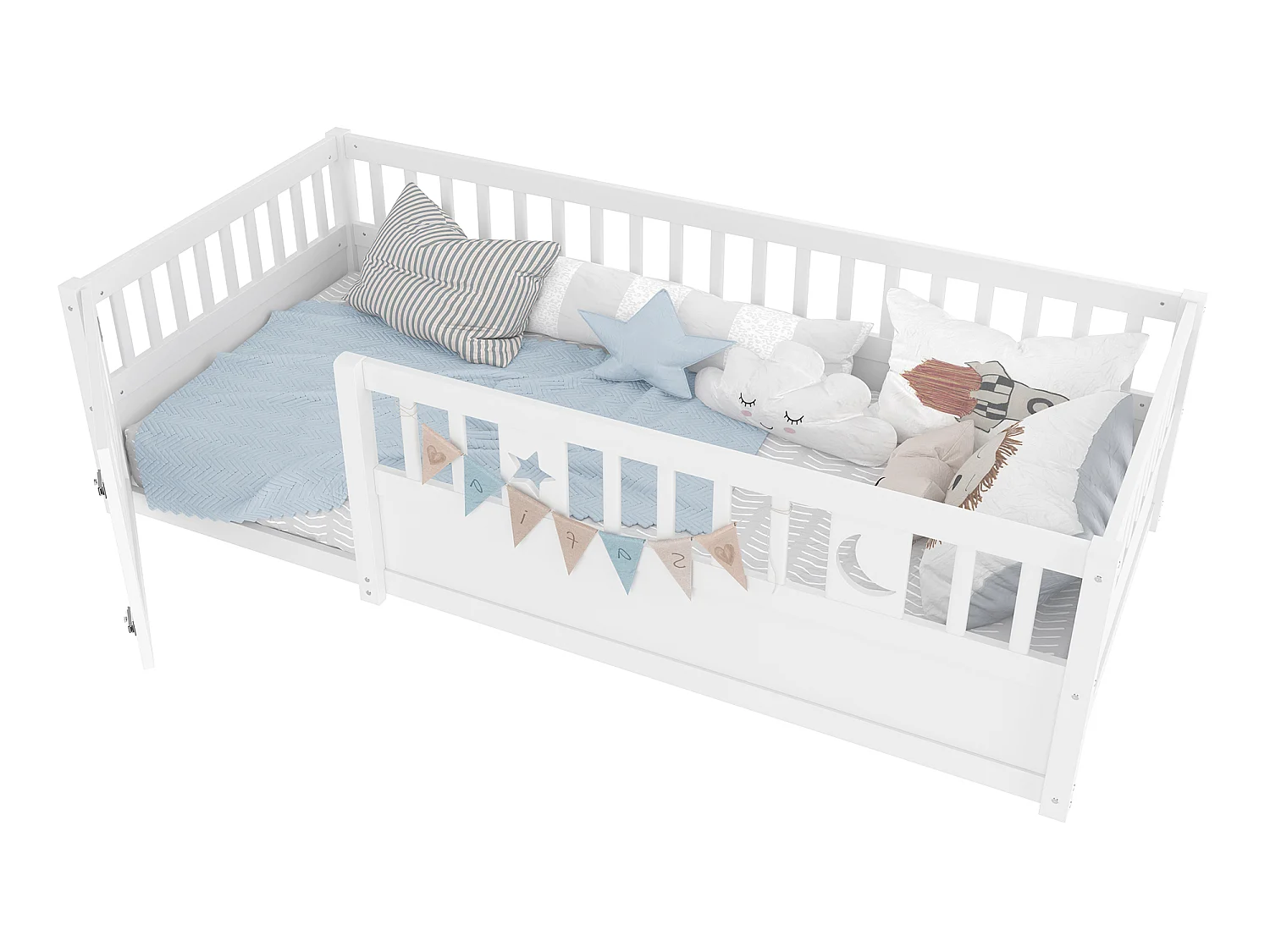 Children's bed frame - 90 x 190 cm - with side rail and door - without slatted base - wood - white
