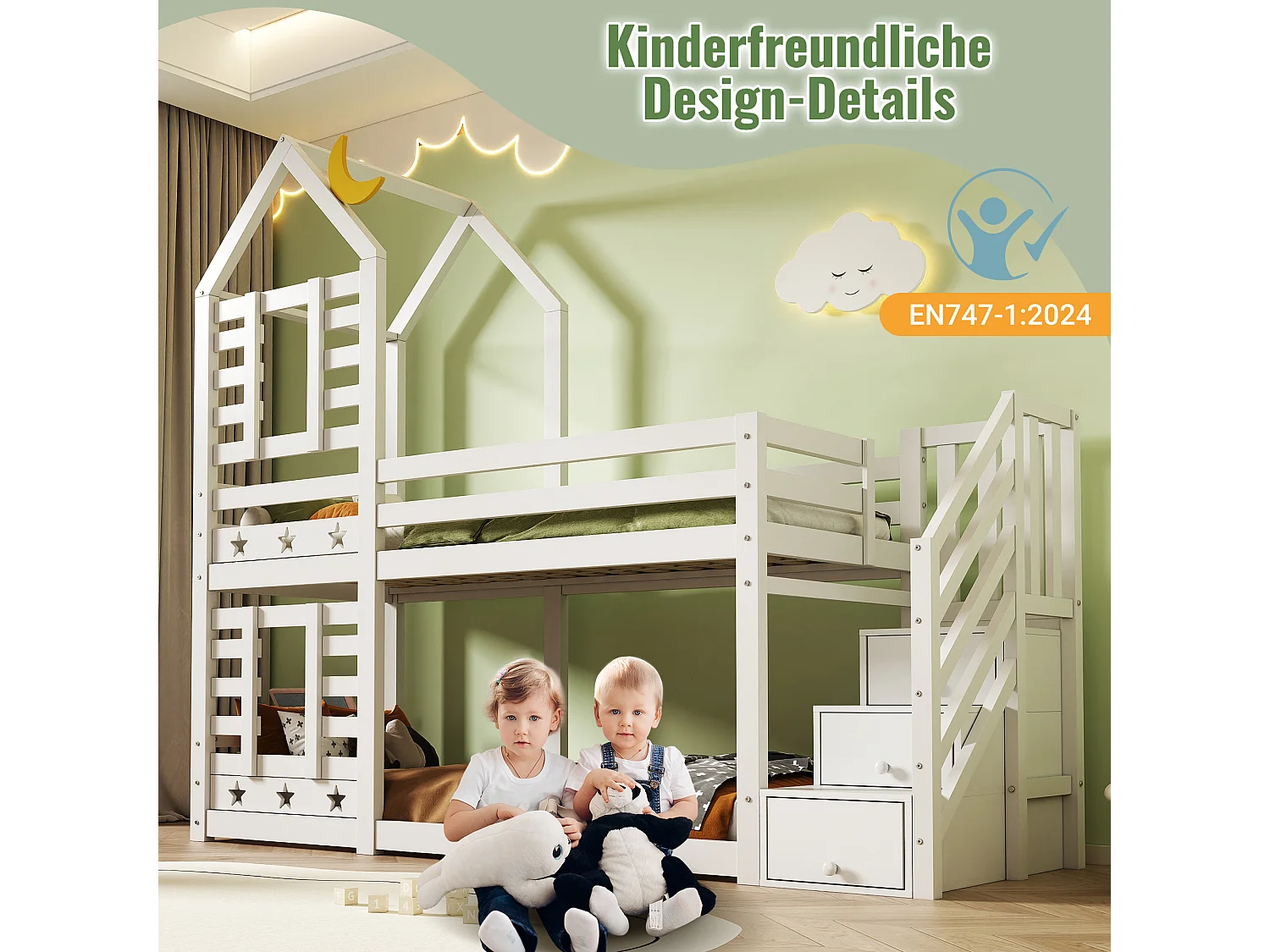 Lit superposé enfant - 2 x 90 x 200 cm - avec tiroirs + barrière de sécurité + l'escalier de rangement - bois - blanc