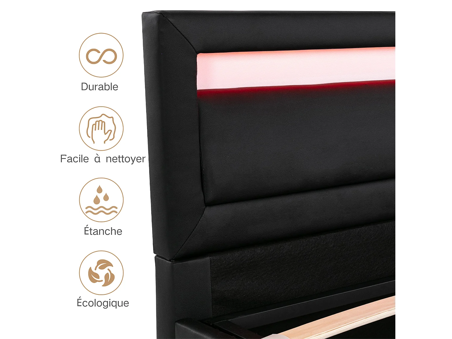 Lit coffre double capitonné - 140 x 190 cm - avec Leds + sommier à lattes + rangement hydraulique - PU - noir