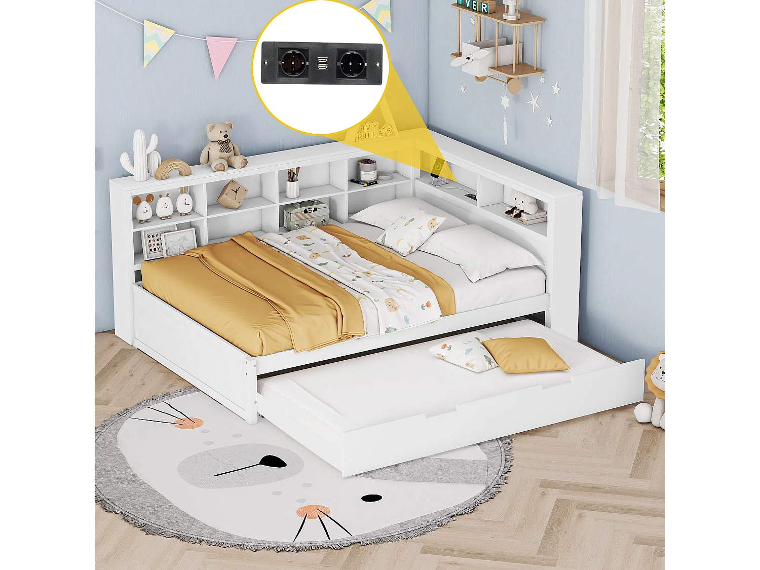 Canapé-lit enfant 140 x 200 cm avec lit gigogne 90 x 190 cm - avec USB et nombreux rangements - bois - blanc