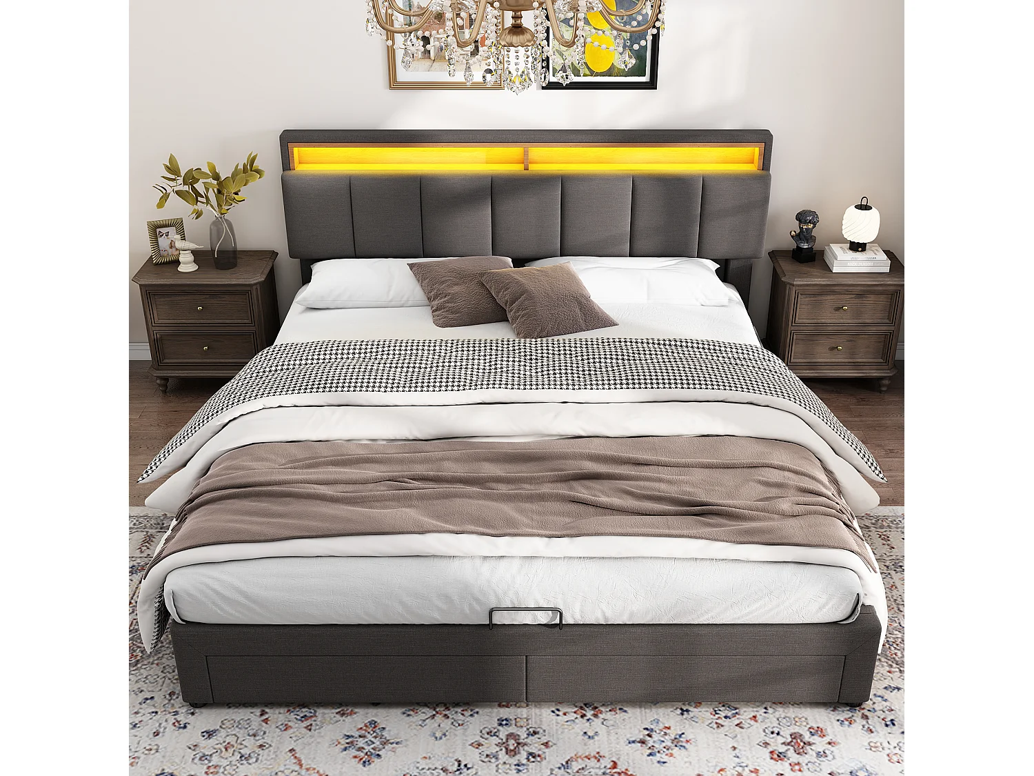 Lit coffre rembourré - 160 x 200 cm - avec Leds + tiroirs + tête de lit escamotable - lin - gris