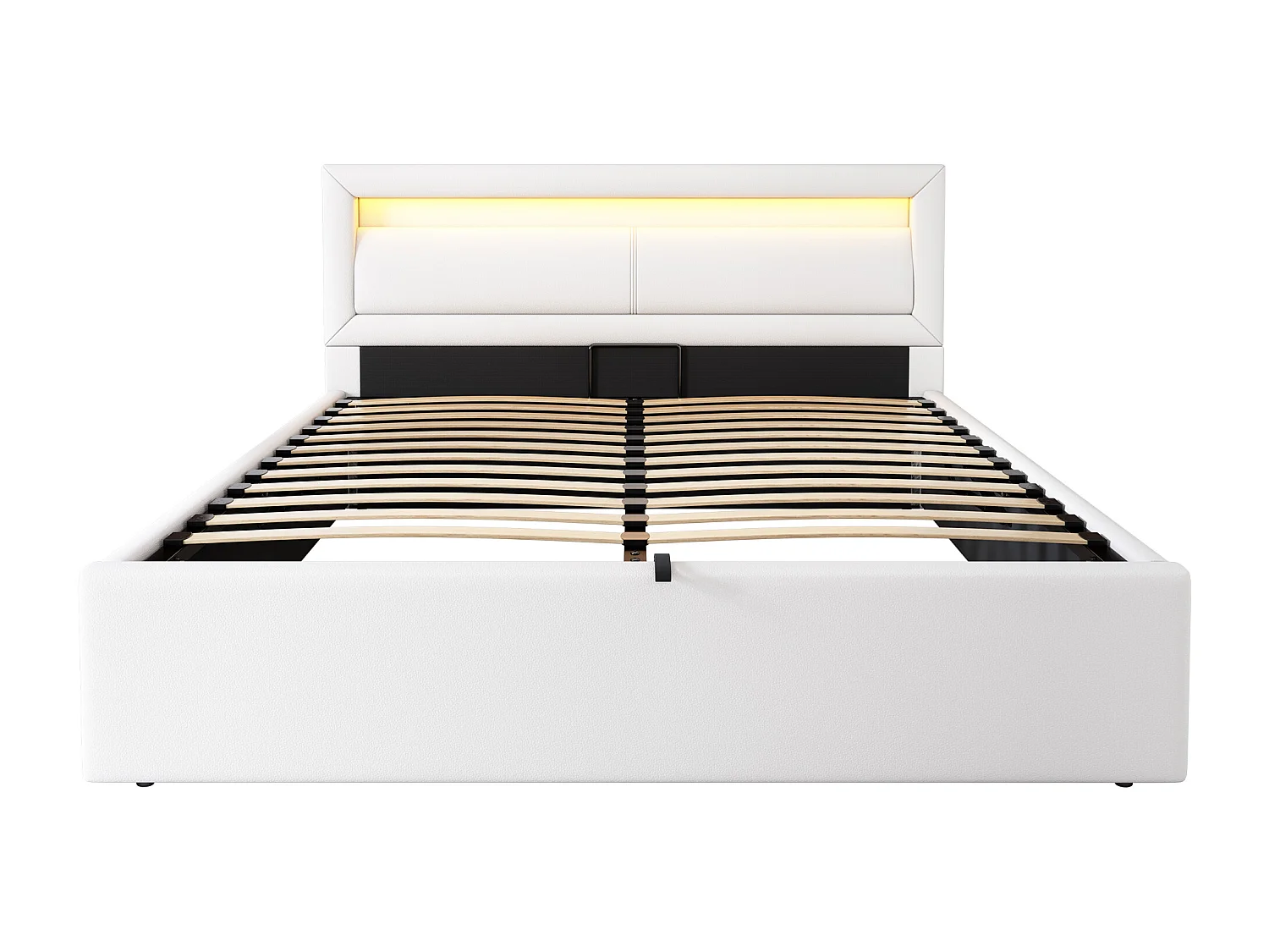 Lit coffre double capitonné - 140 x 200 cm - avec Leds + sommier à lattes + rangement hydraulique - PU - blanc