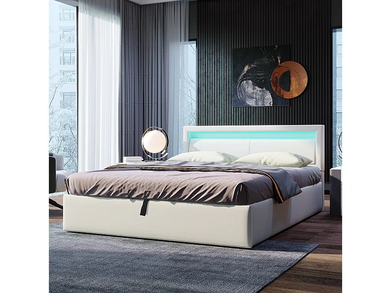 Gestoffeerd tweepersoonsbed met opbergruimte - 140 x 200 cm - met LED's + lattenbodem + hydraulische opbergruimte - PU - wit