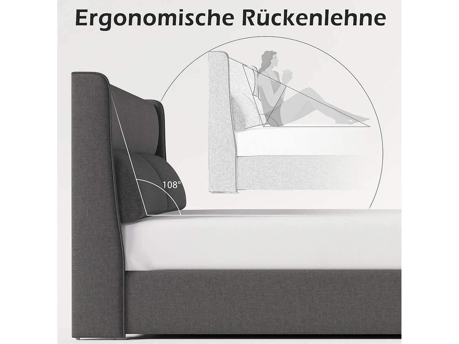 Lit coffre double capitonné - 180 x 200 cm - avec appuie-têtes réglables + rangement hydraulique - lin - gris