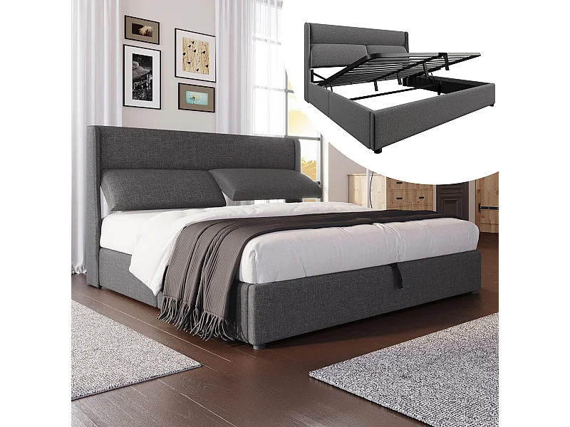 Lit coffre double capitonné - 180 x 200 cm - avec appuie-têtes réglables + rangement hydraulique - lin - gris