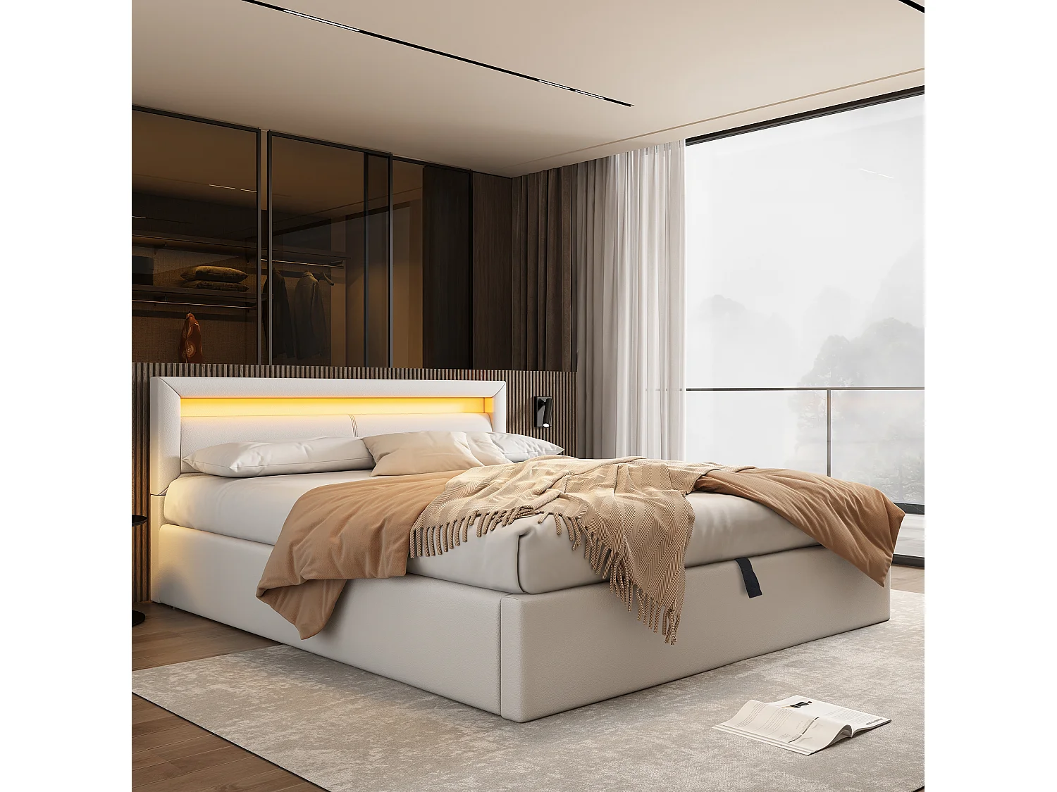 Cama con almacenaje tapizada - 140 x 190 cm - cabecero con LED - con somier de láminas - PU - blanco
