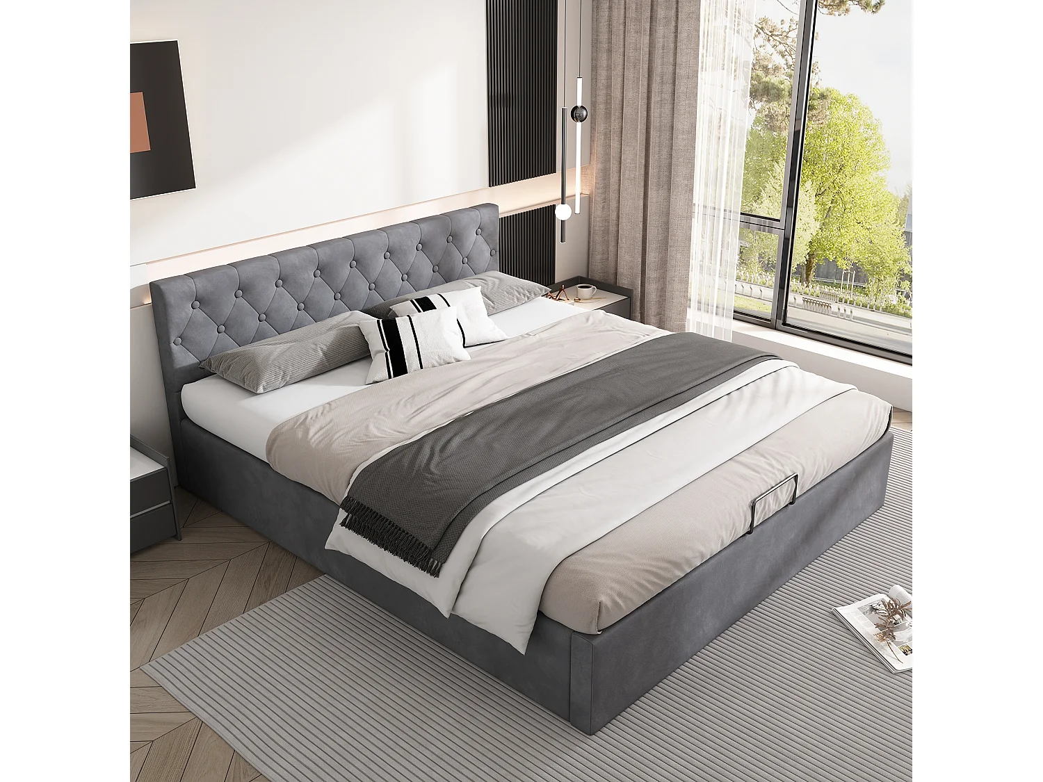 Lit coffre 140 x 200 cm avec rangement hydraulique - velours - sommier à lattes - velours - gris